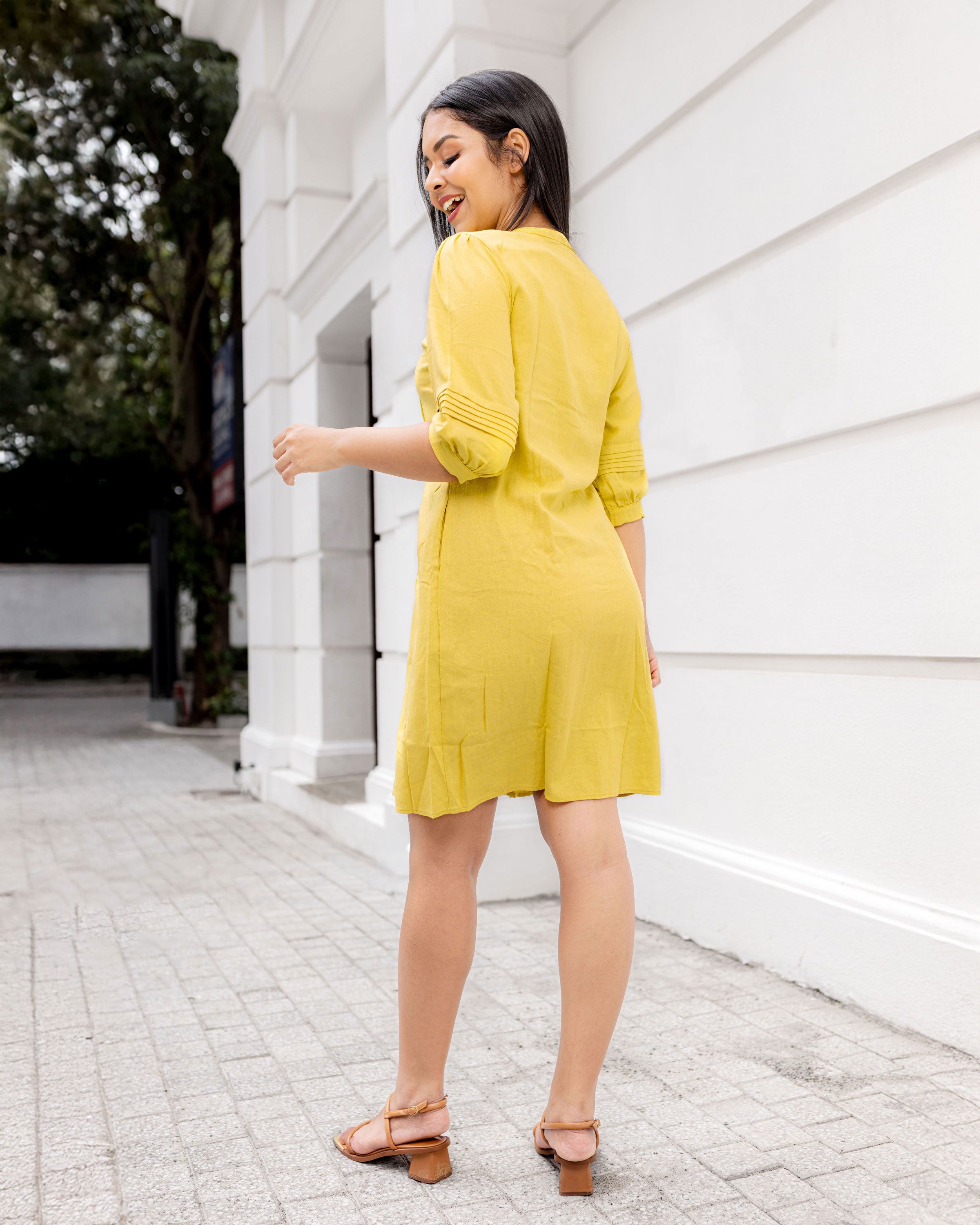 Vera Pintuck Shirt Dress -Yellow