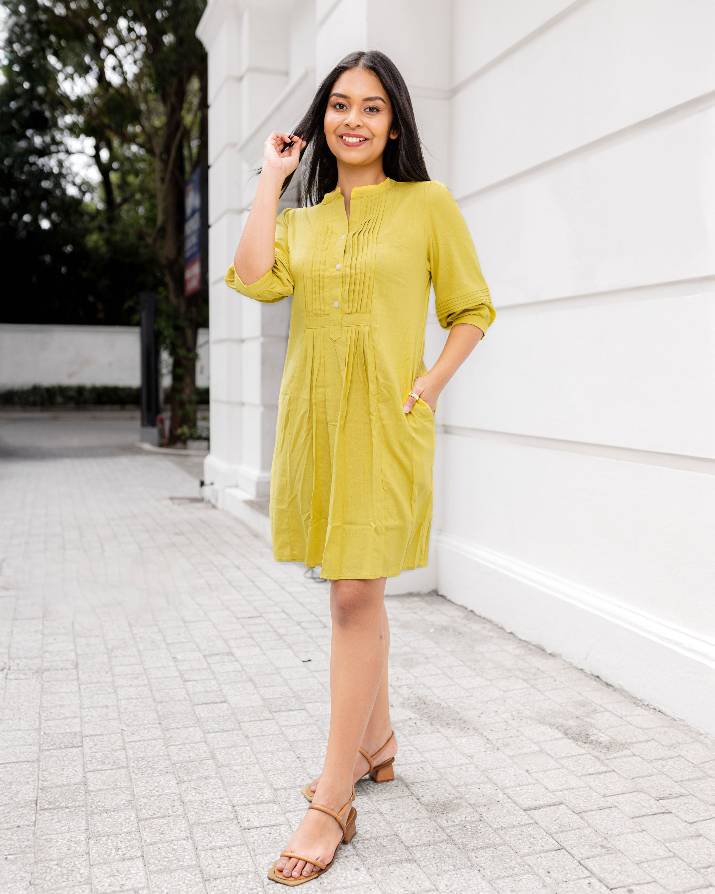 Vera Pintuck Shirt Dress -Yellow