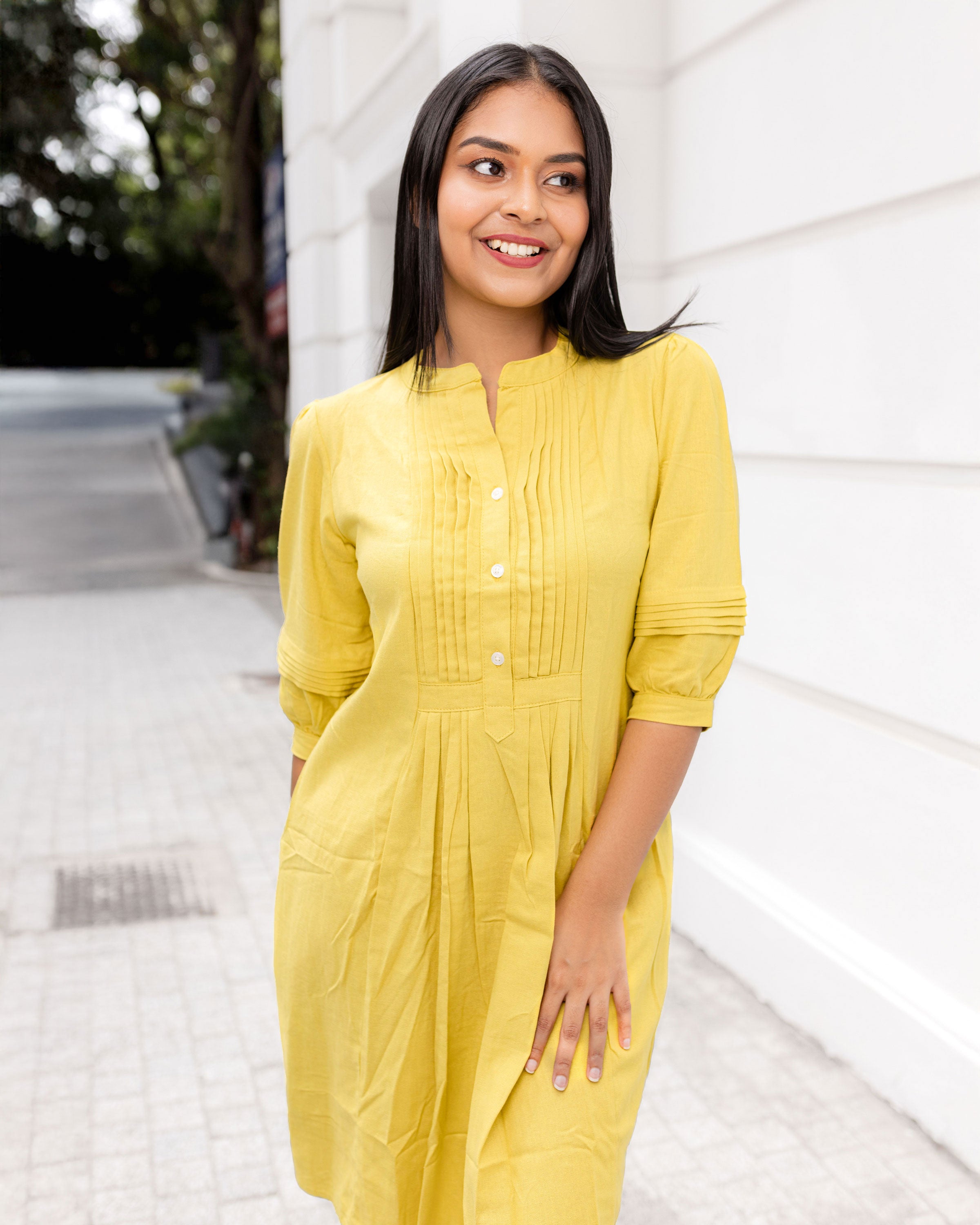 Vera Pintuck Shirt Dress -Yellow