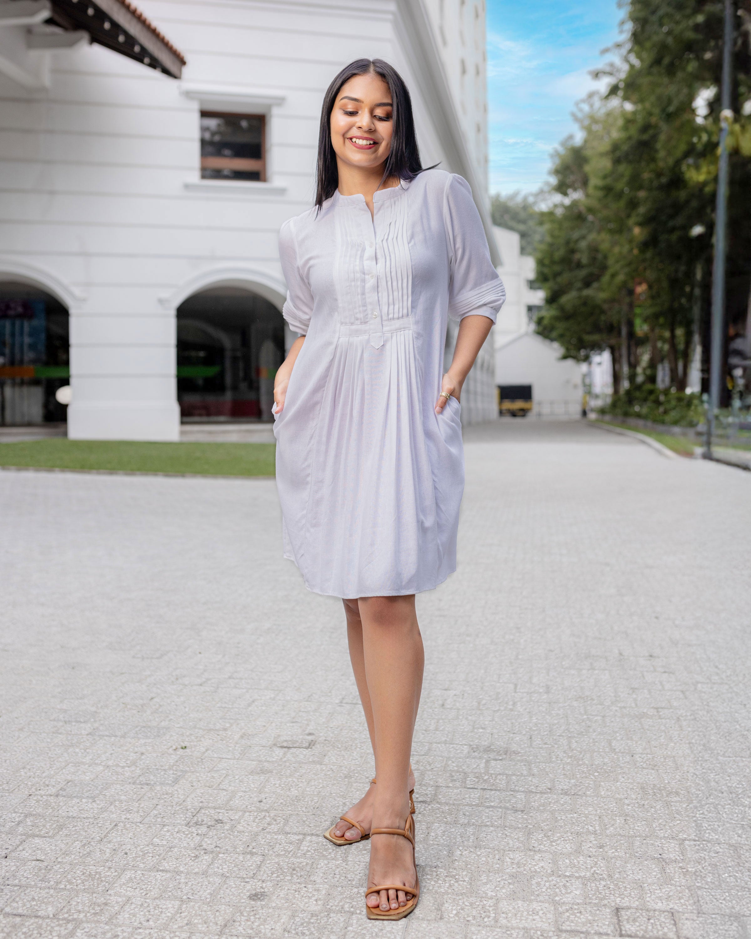 Vera Pintuck Shirt Dress -White