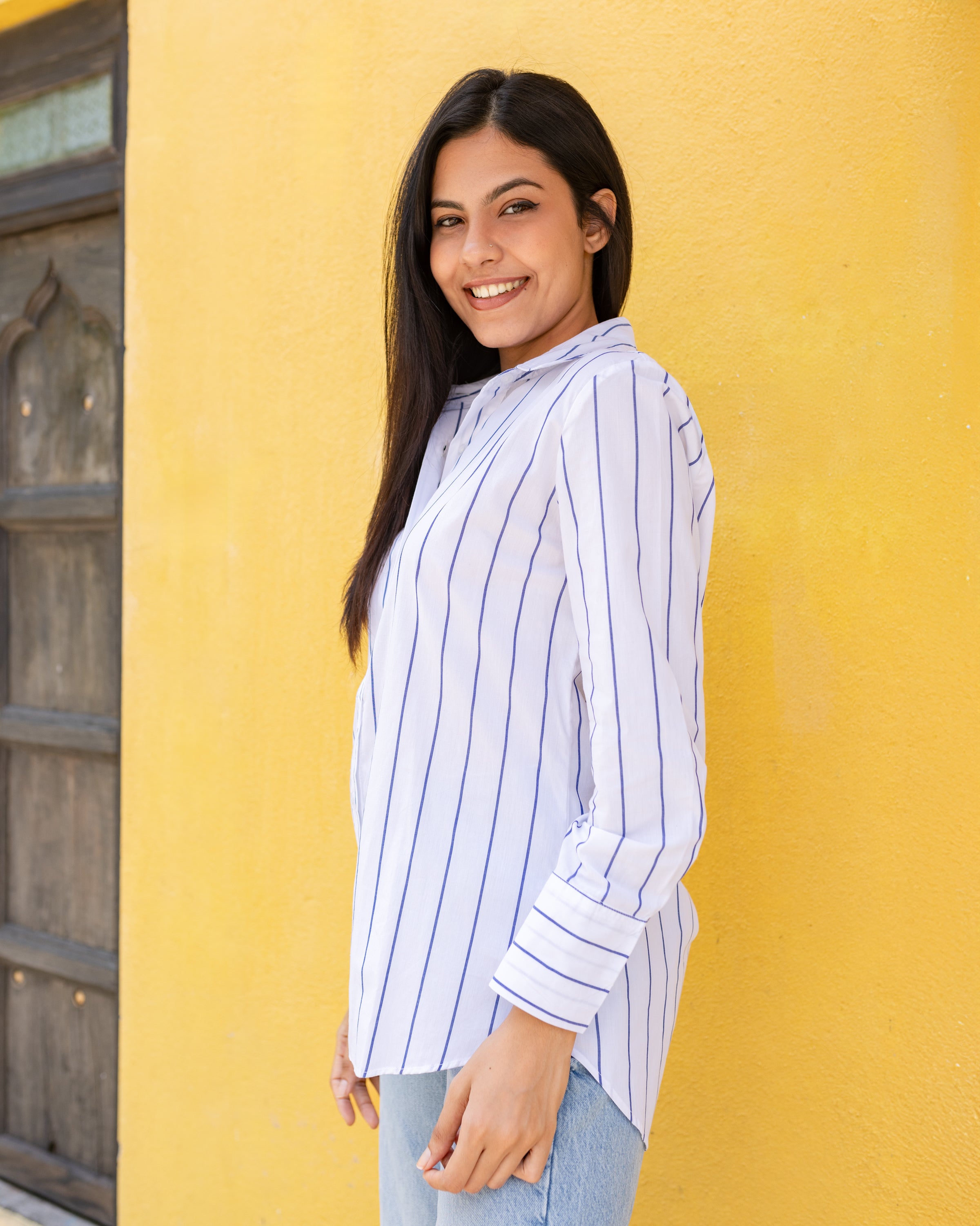 Mila Oversized Shirt -Blue & White Stripe (Big Stripe)