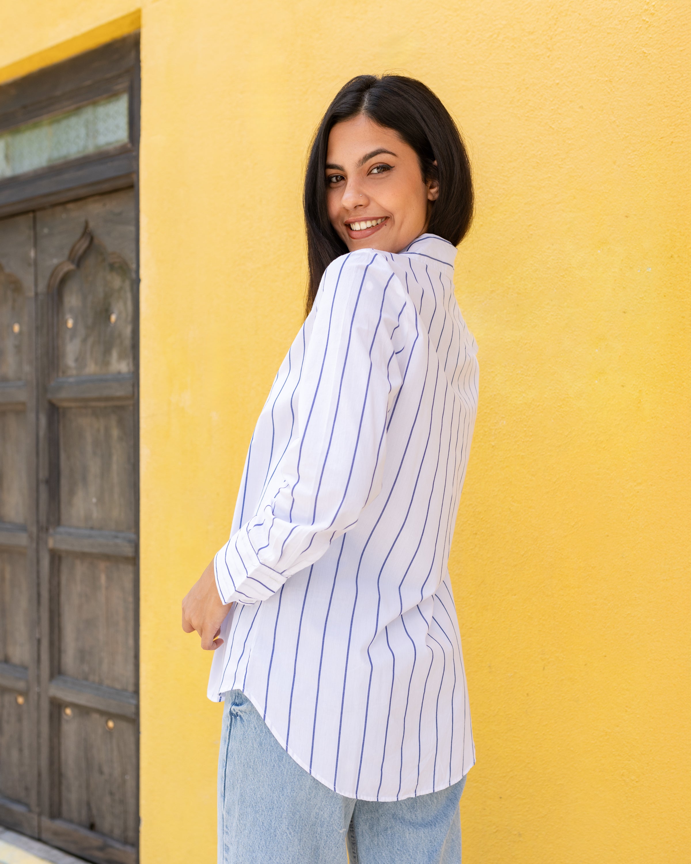 Mila Oversized Shirt -Blue & White Stripe (Big Stripe)