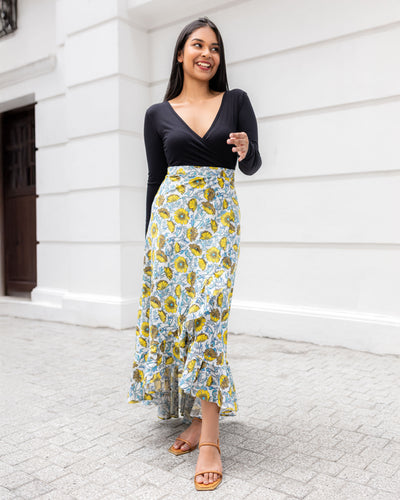 Elani Linen Ruffled Maxi Skirt - Printed