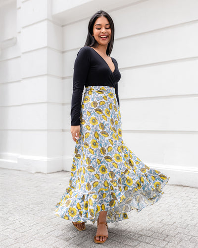 Elani Linen Ruffled Maxi Skirt - Printed