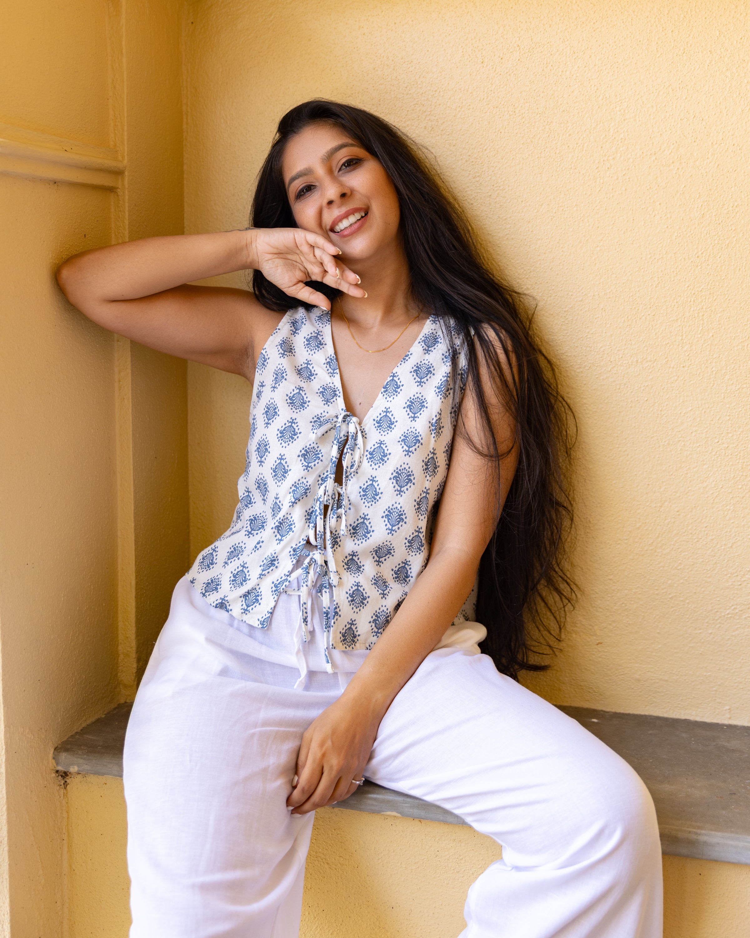 Kiyoshi Linen Front Tie Top - Printed