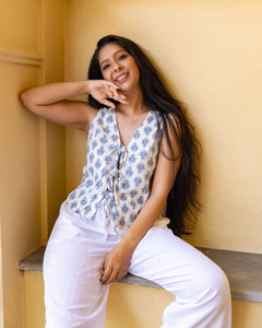 Kiyoshi Linen Front Tie Top - Printed