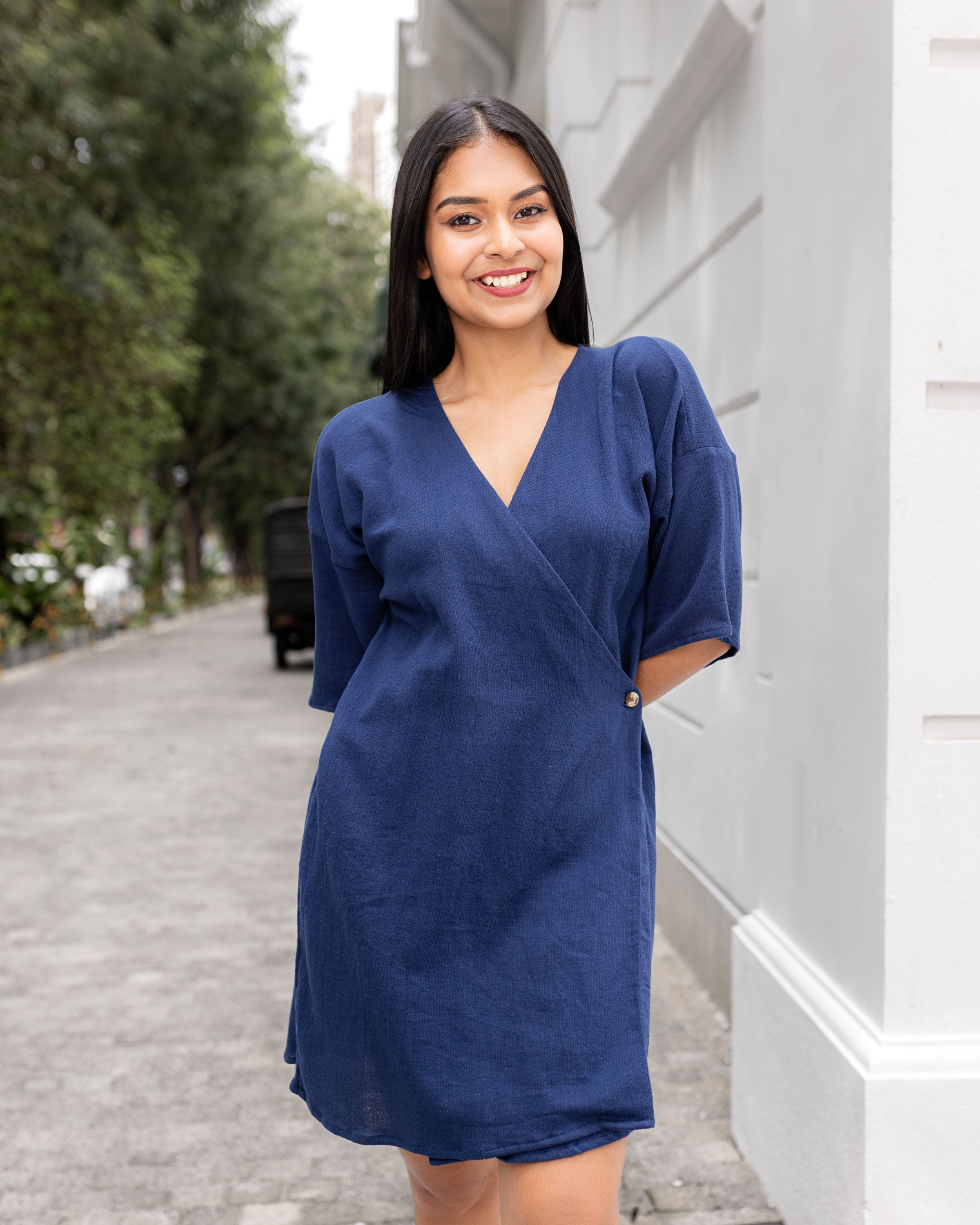 June Offshoulder Wrap Dress -Navy Blue