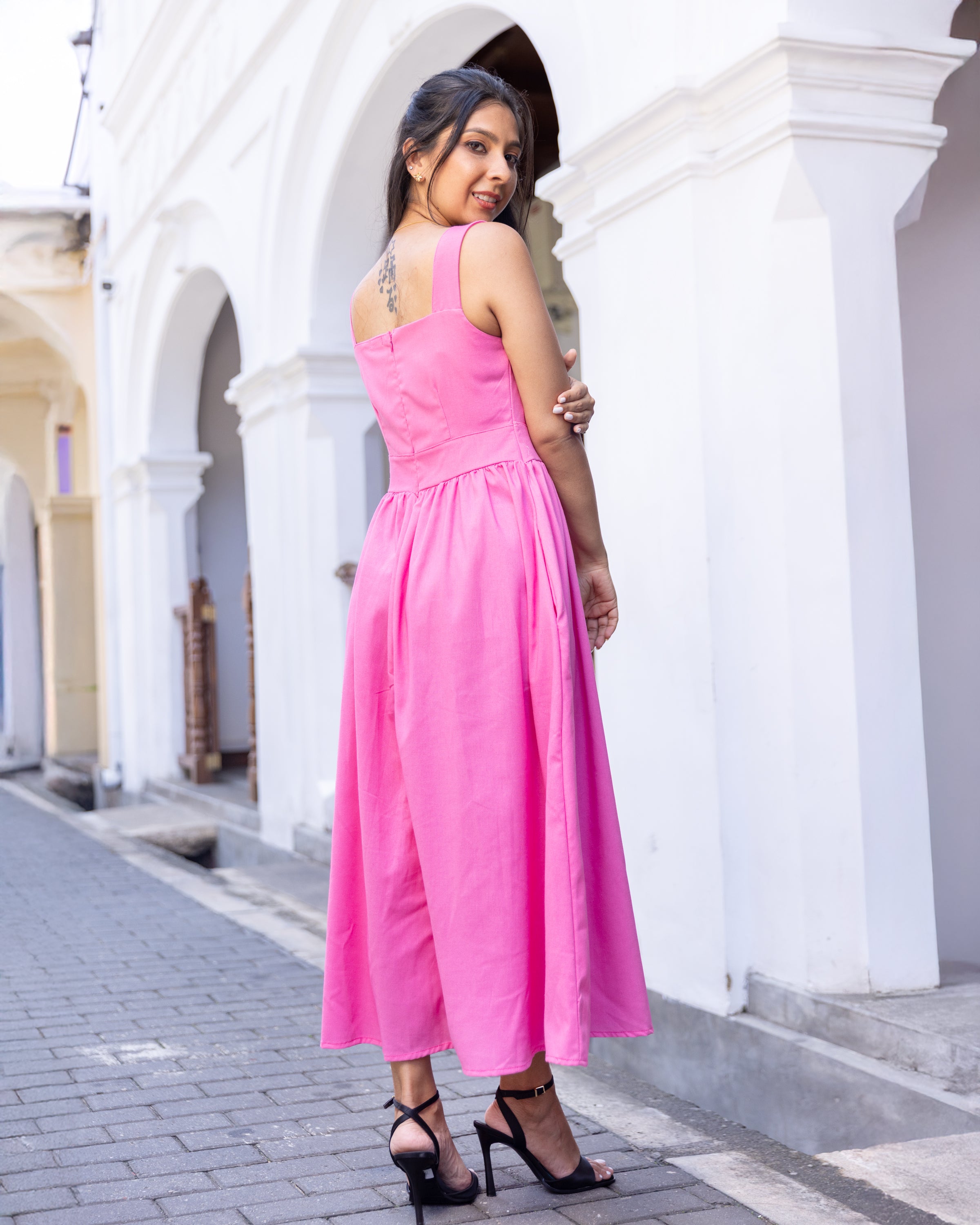 Lady in Pink Linen Midi Dress