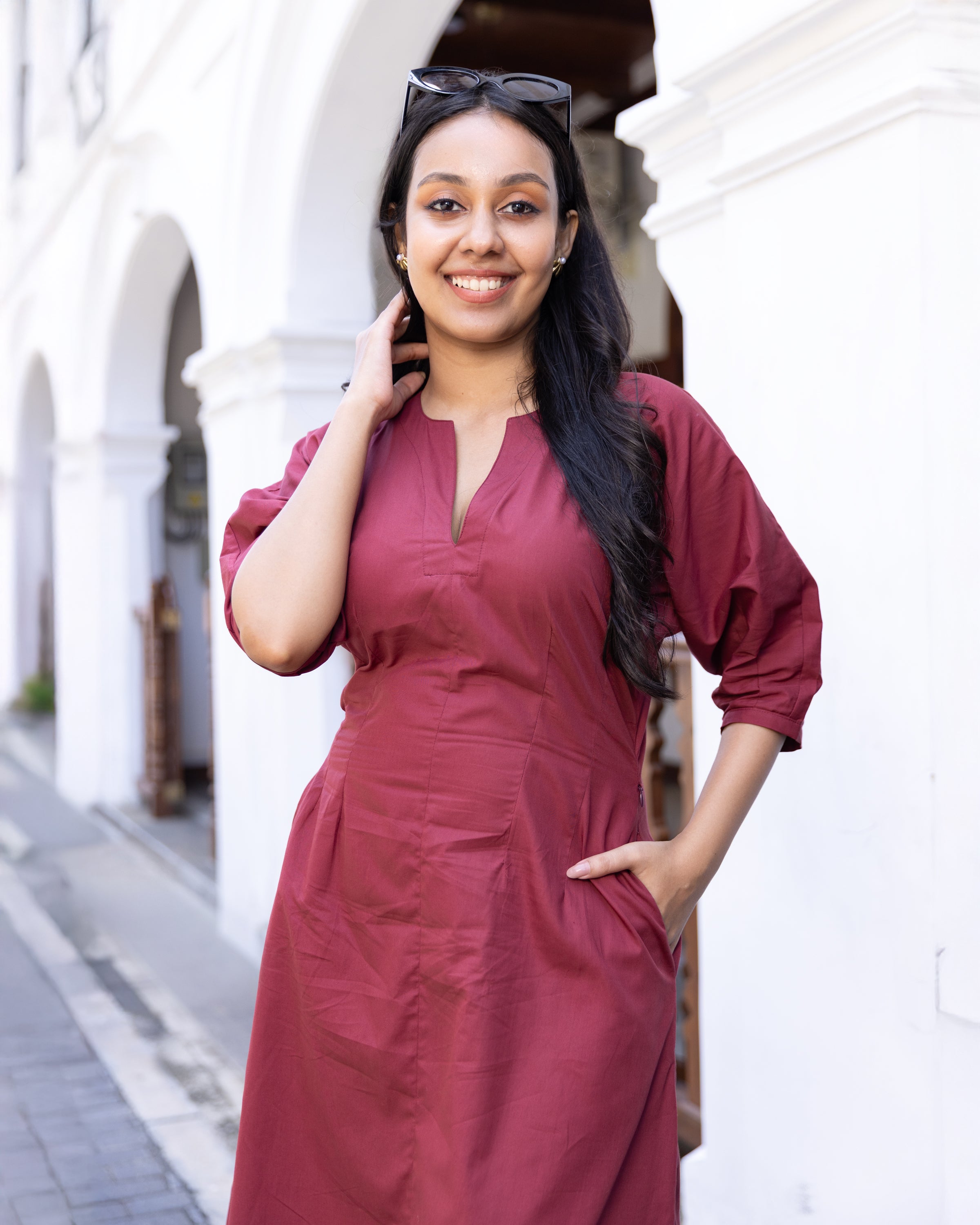 Bianca Pleated Midi Dress - Maroon