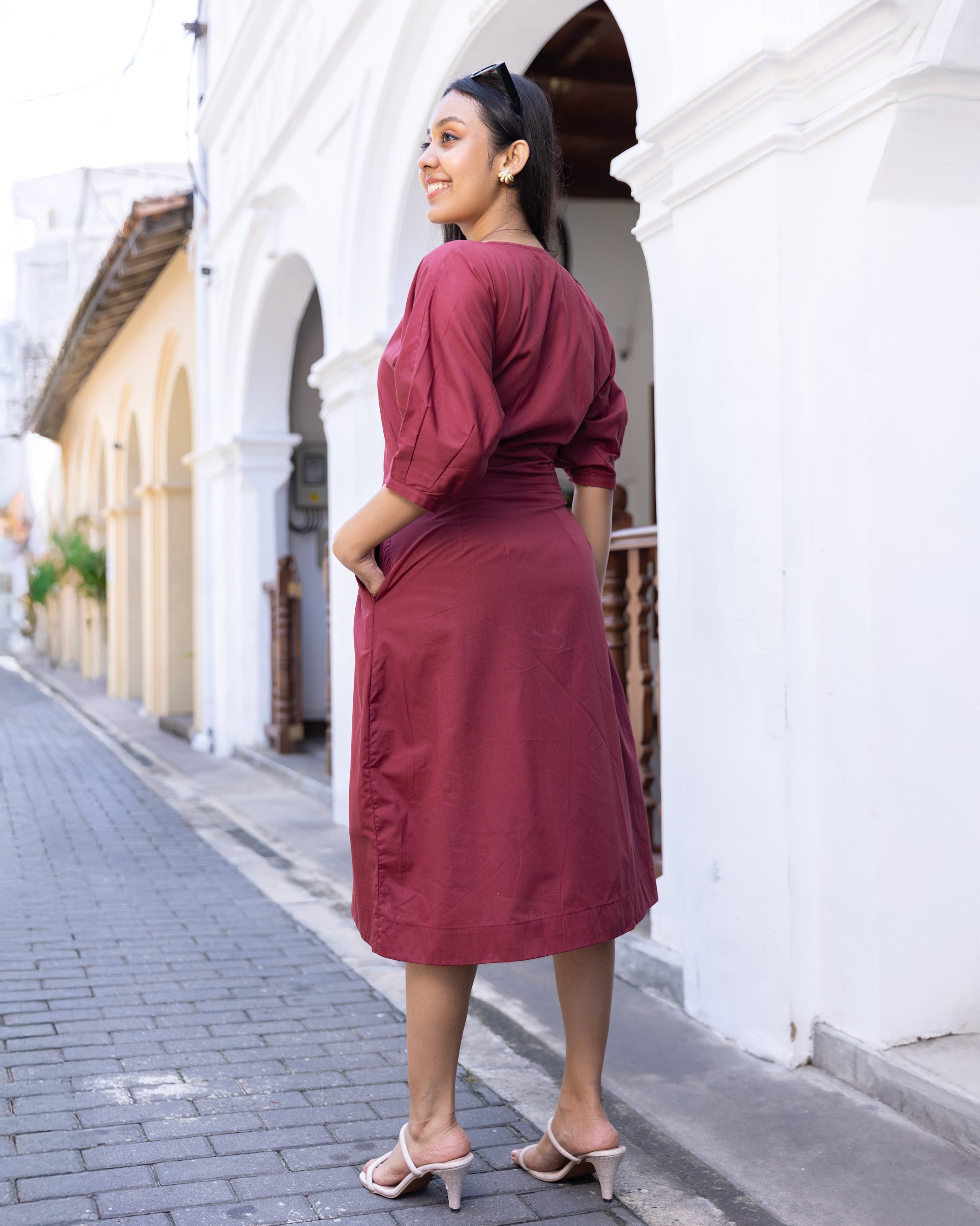 Bianca Pleated Midi Dress - Maroon