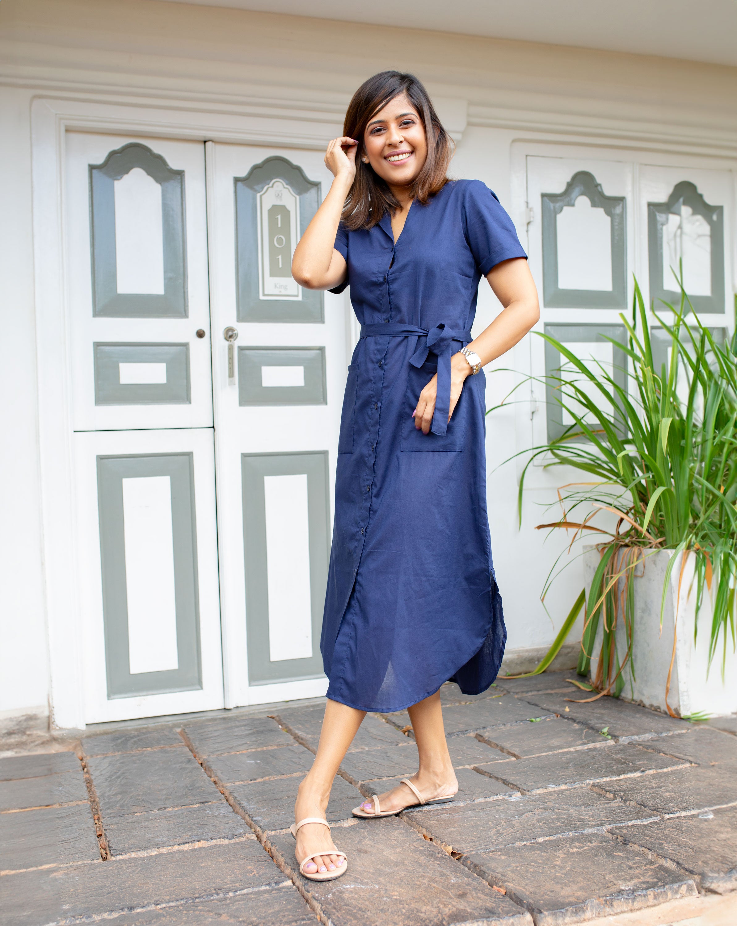Lily Button Down Shirt Dress Navy Blue JoeY Clothing