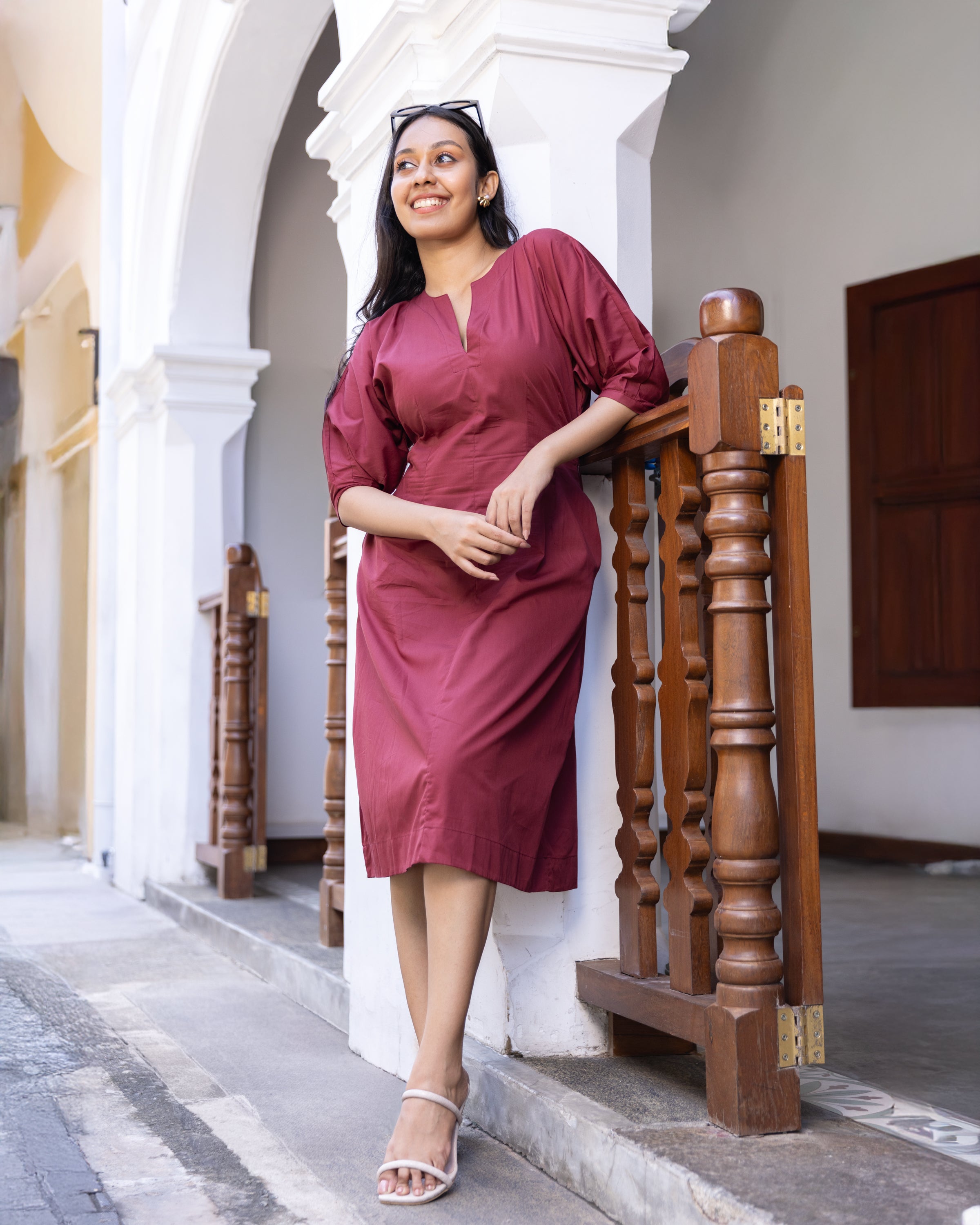 Bianca Pleated Midi Dress - Maroon