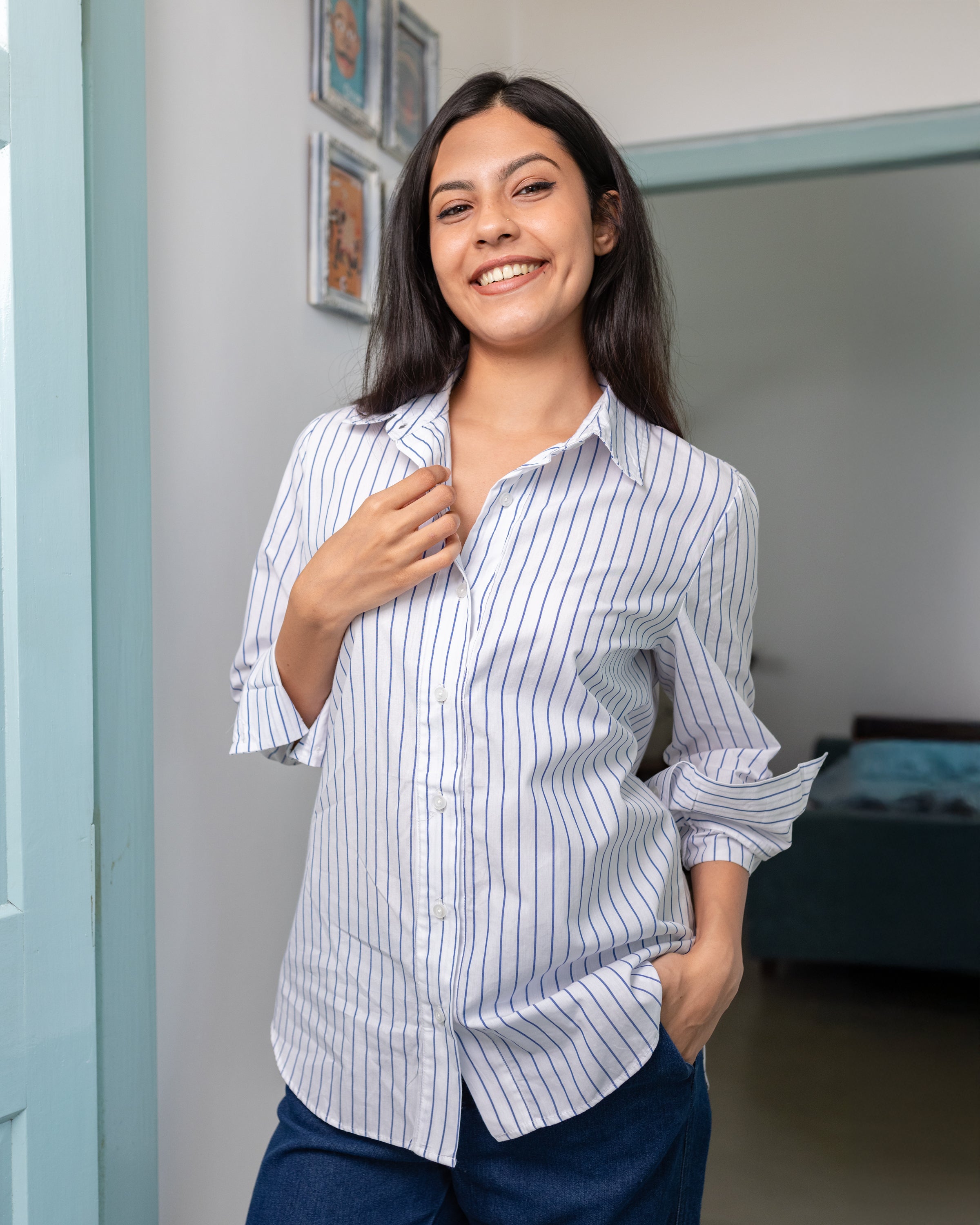 Mila Oversized Shirt -Blue & White Stripe (Small Stripe)