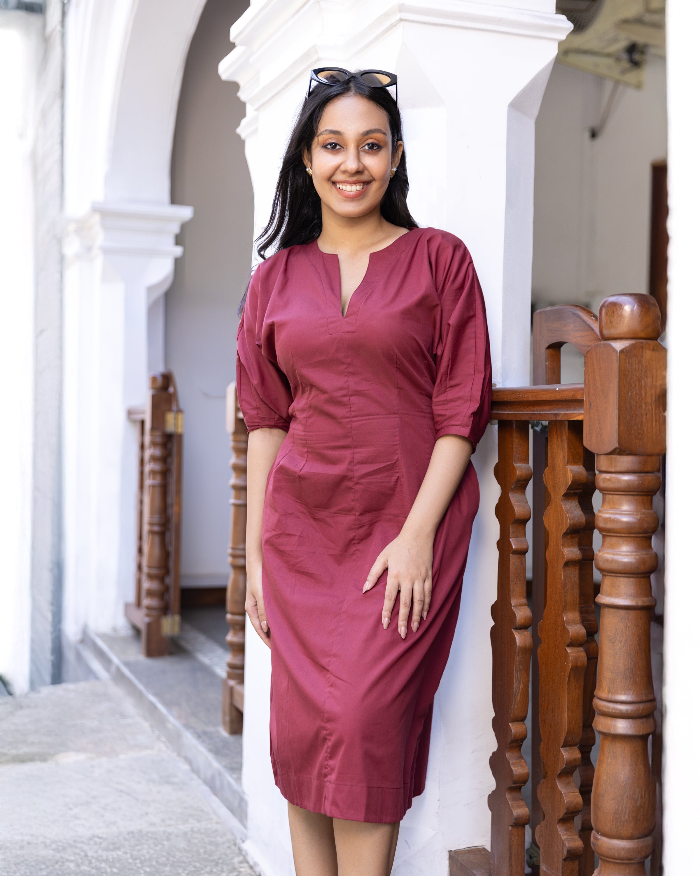 Bianca Pleated Midi Dress - Maroon