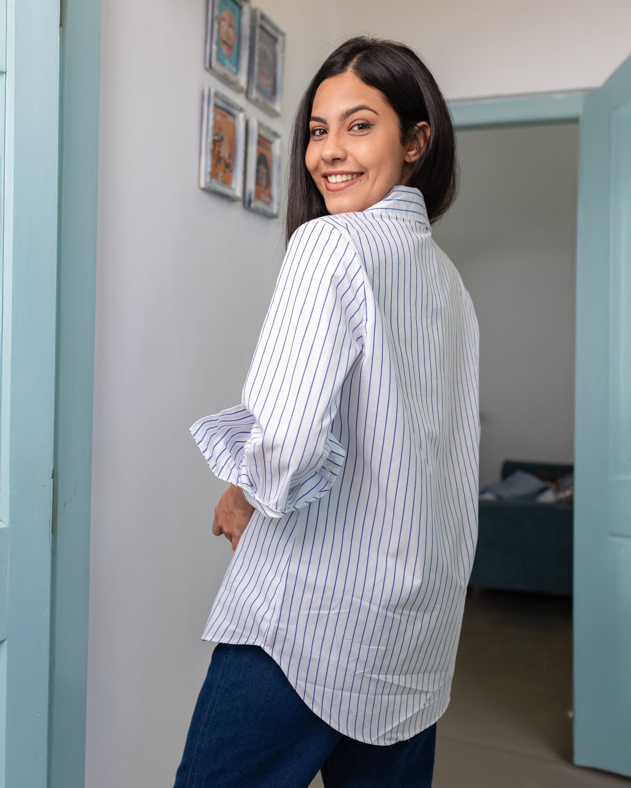 Mila Oversized Shirt -Blue & White Stripe (Small Stripe)