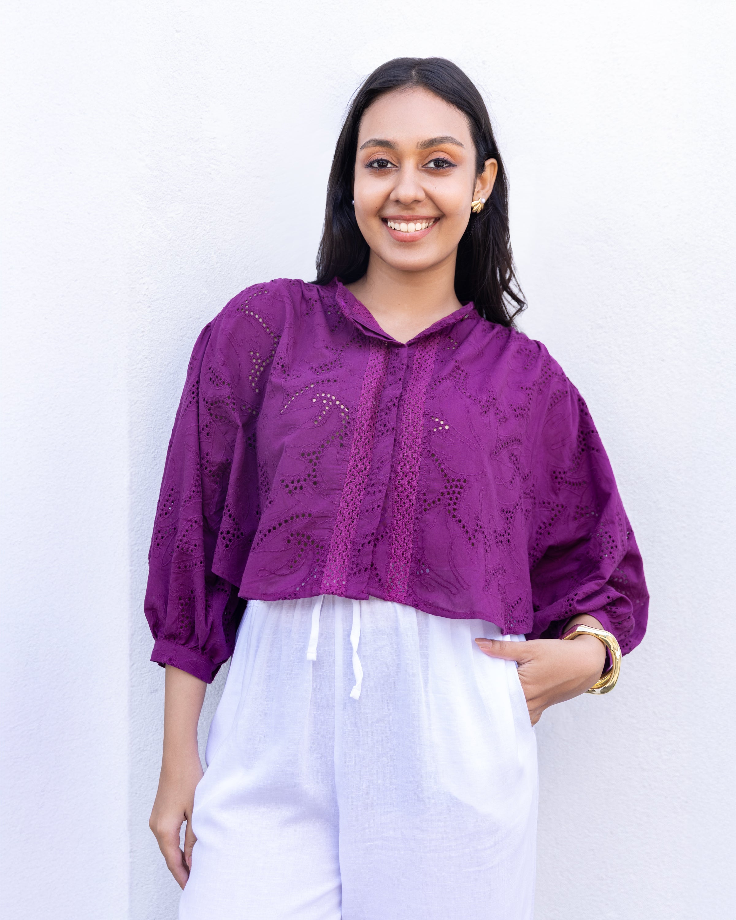 Sonam Cutlon Detailed Oversized Crop Top - Magenta