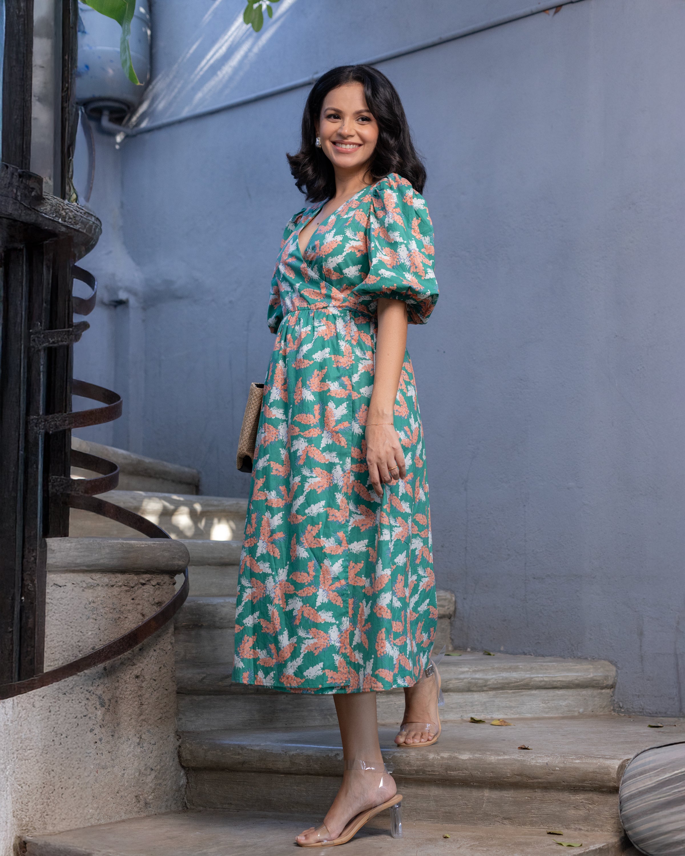 Diana Wraparound Midi Dress - Forest Green Printed