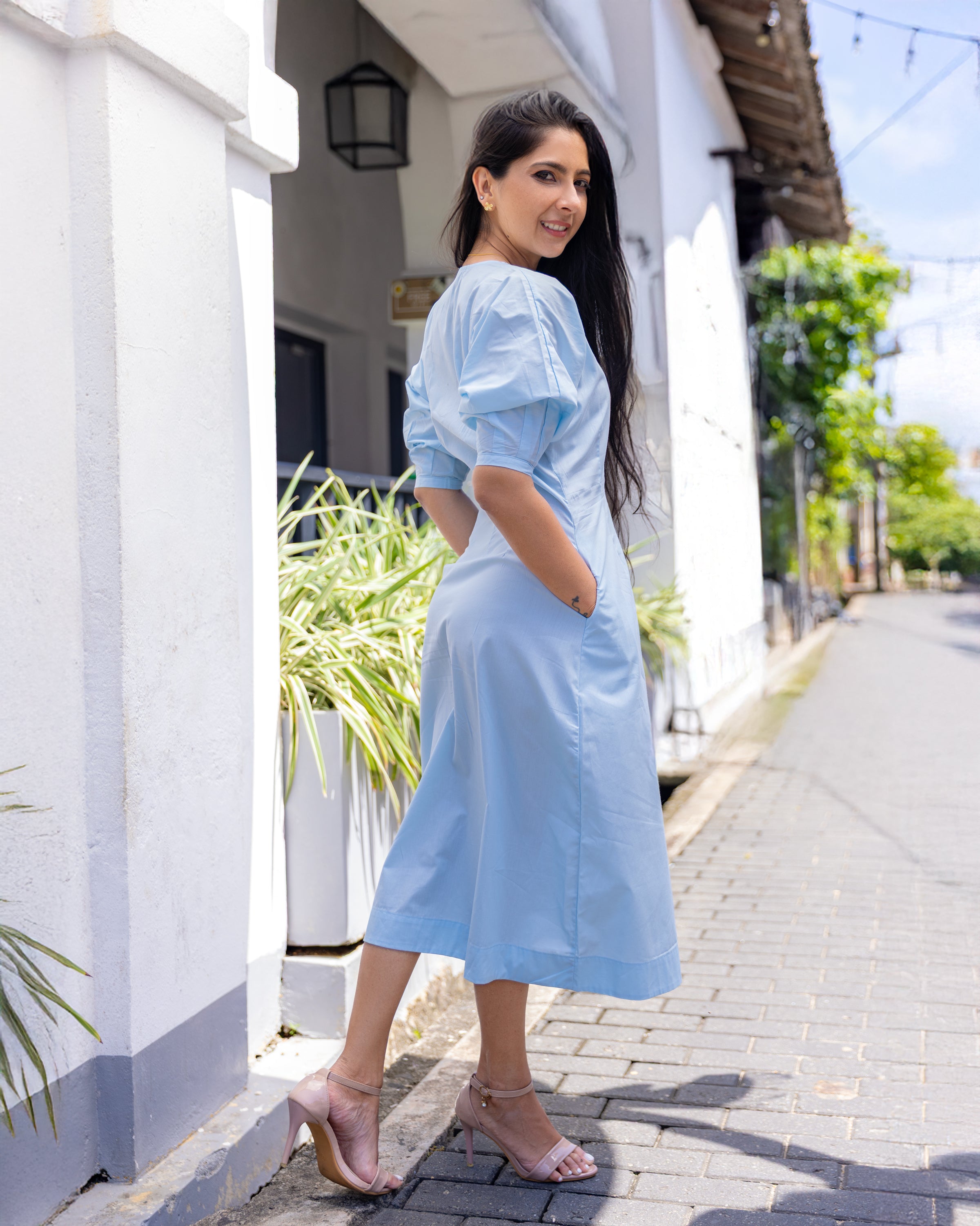 Bianca Pleated Midi Dress - Blue