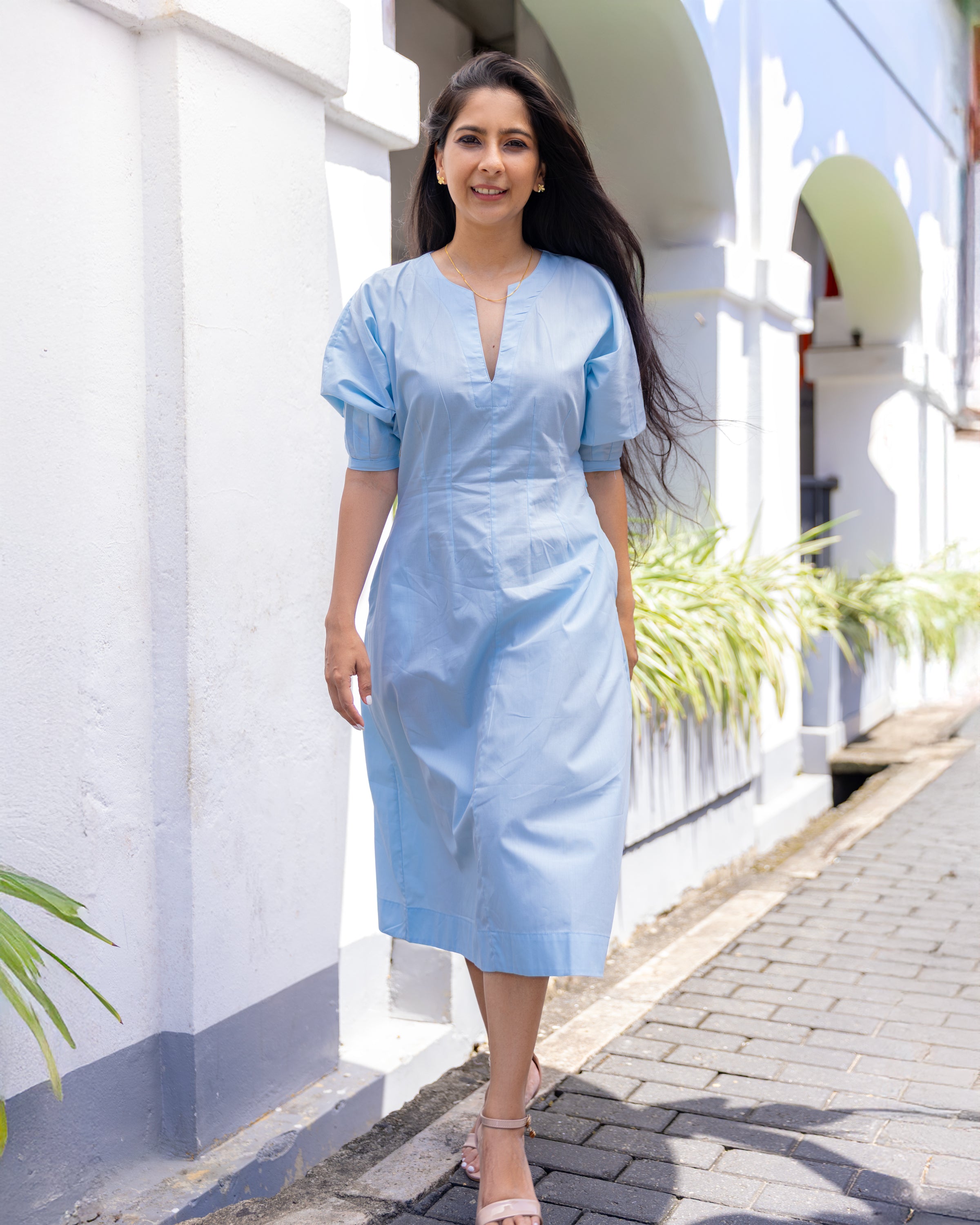 Bianca Pleated Midi Dress - Blue