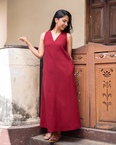 Cozy Breeze Linen Shift Maxi Dress - Red