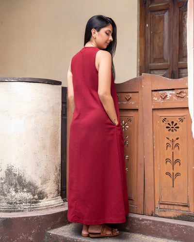 Cozy Breeze Linen Shift Maxi Dress - Red