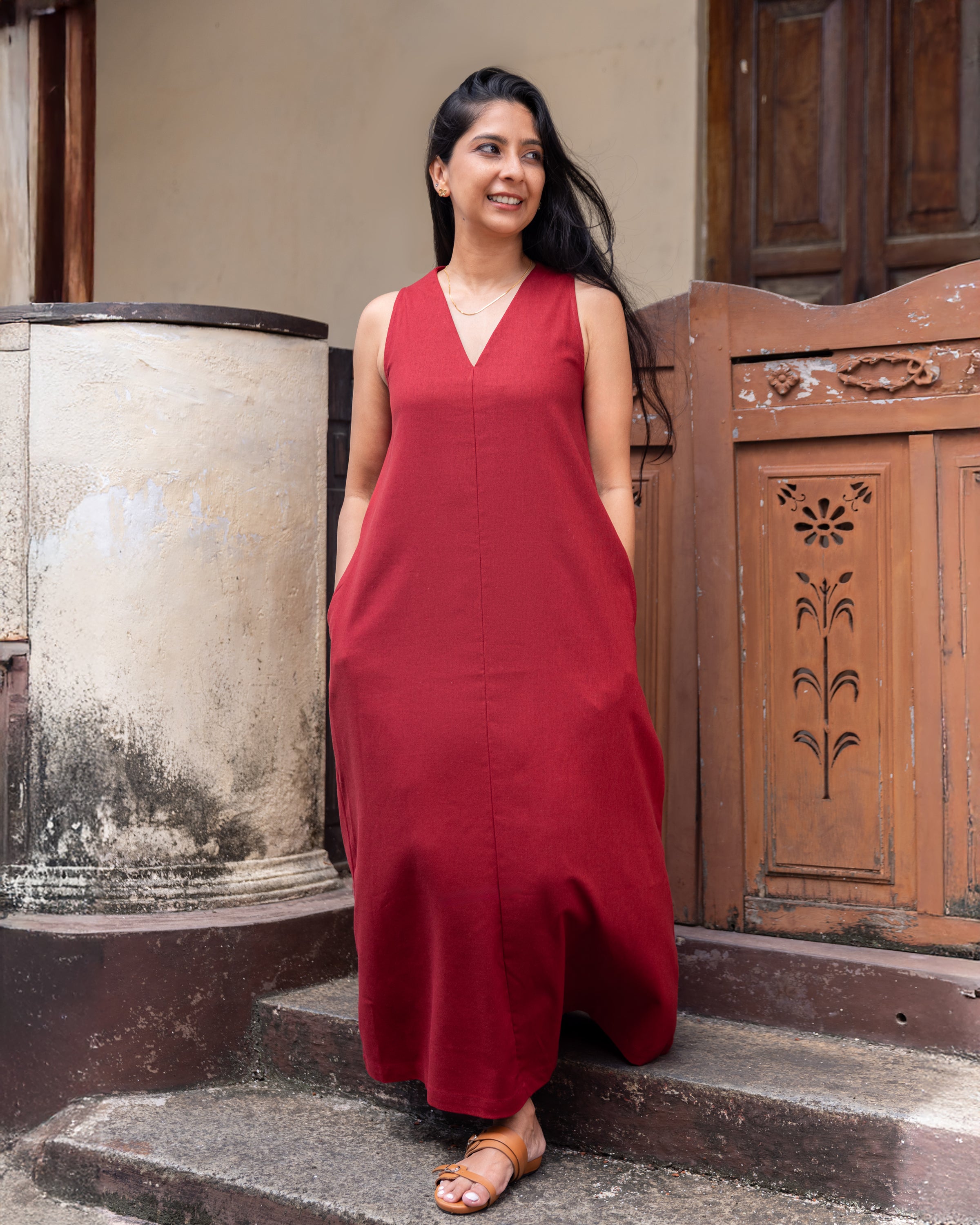 Cozy Breeze Linen Shift Maxi Dress - Red