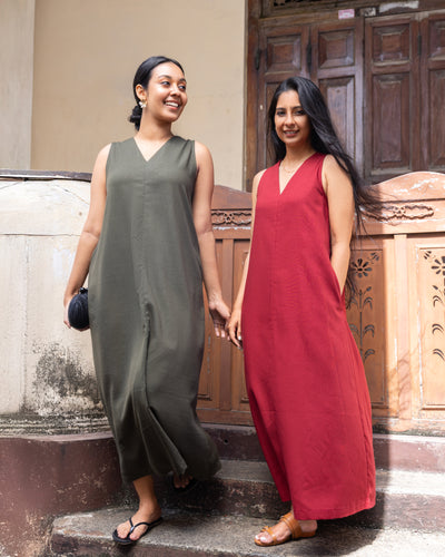 Cozy Breeze Linen Shift Maxi Dress - Red