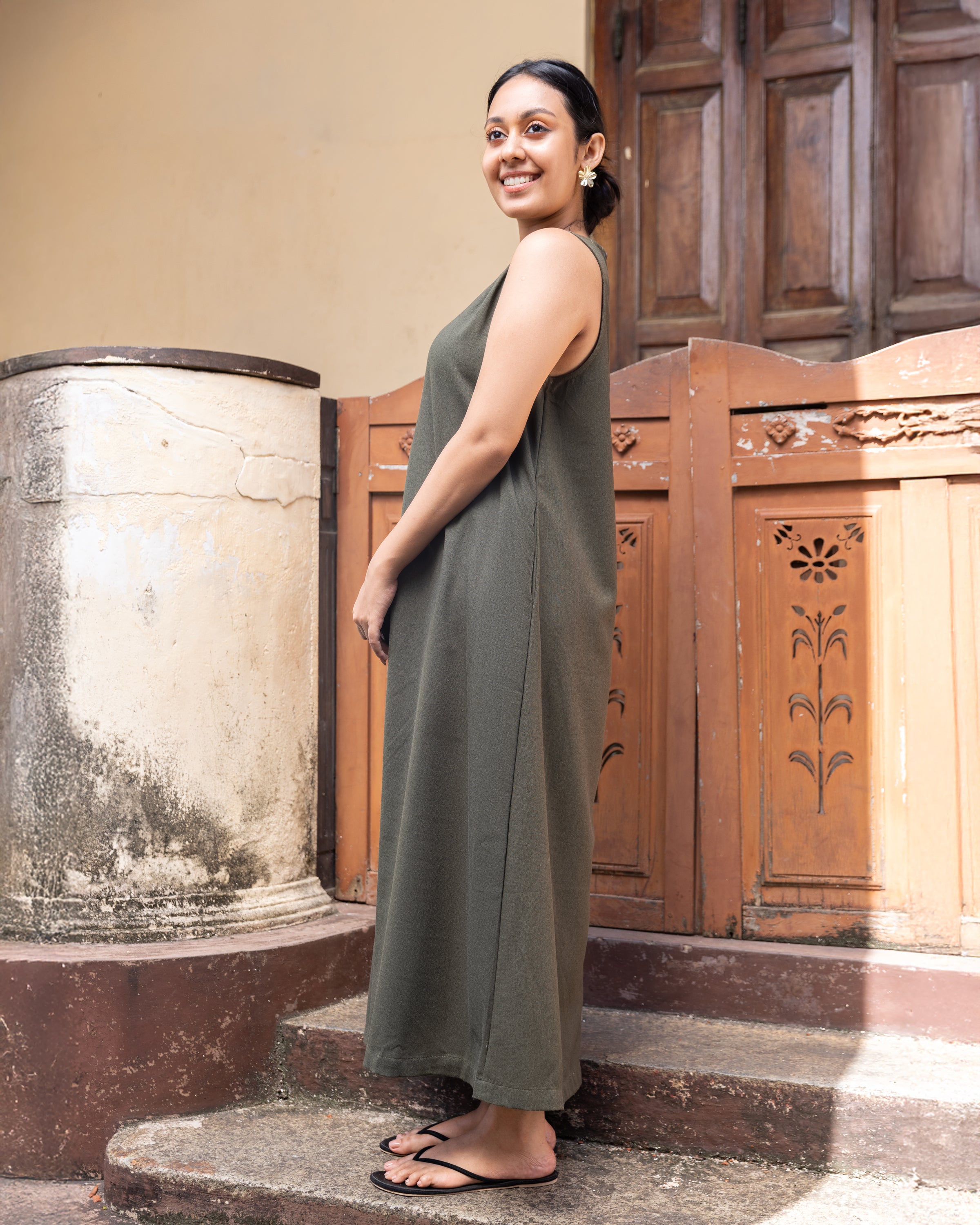 Cozy Breeze Linen Shift Maxi Dress - Green