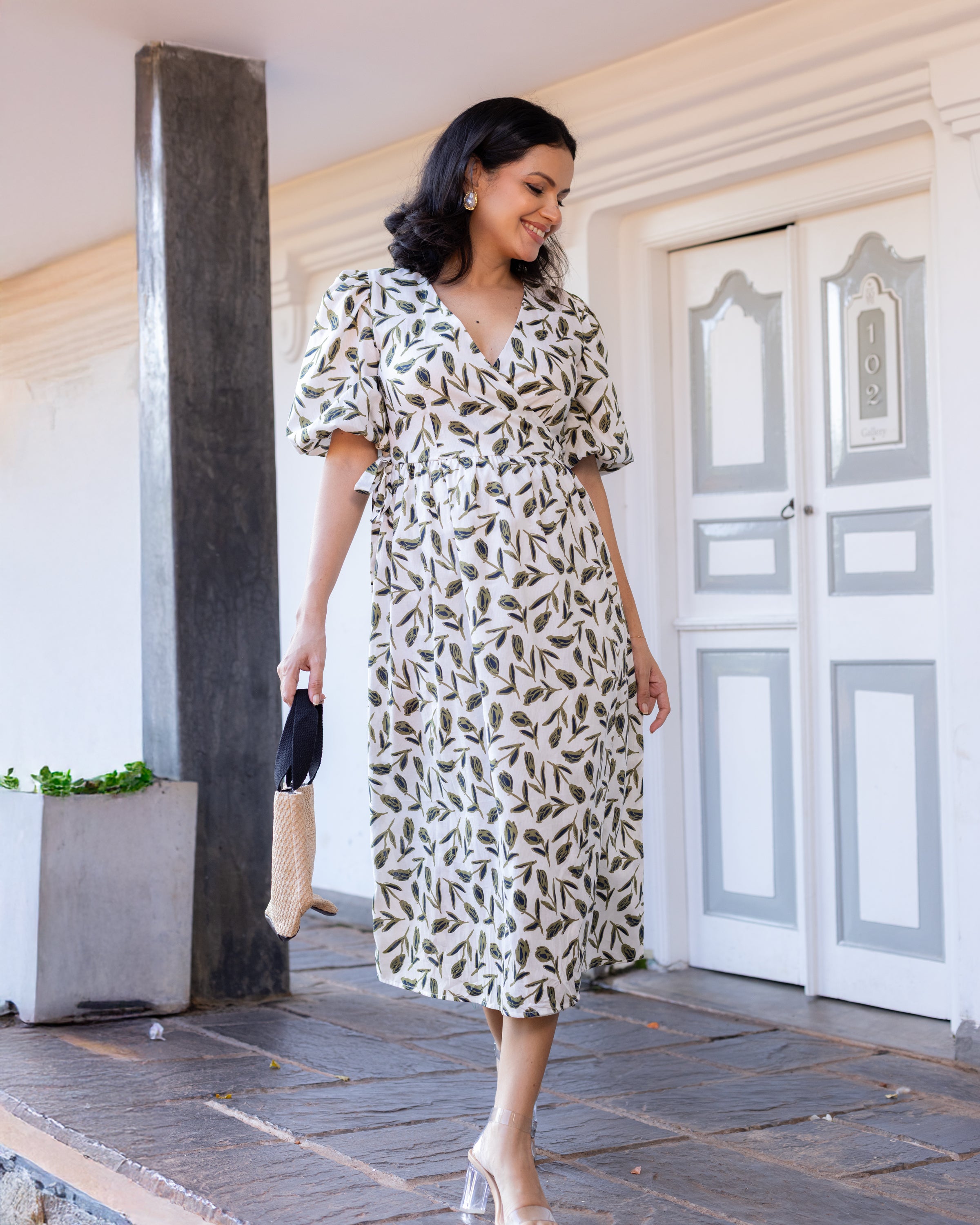 Diana Wraparound Midi Dress - White and Olive Printed