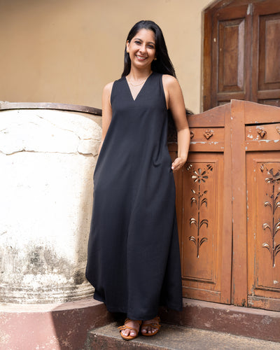 Cozy Breeze Linen Shift Maxi Dress - Black