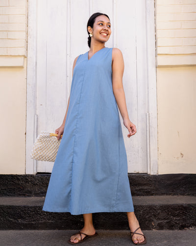Cozy Breeze Linen Shift Maxi Dress - Blue