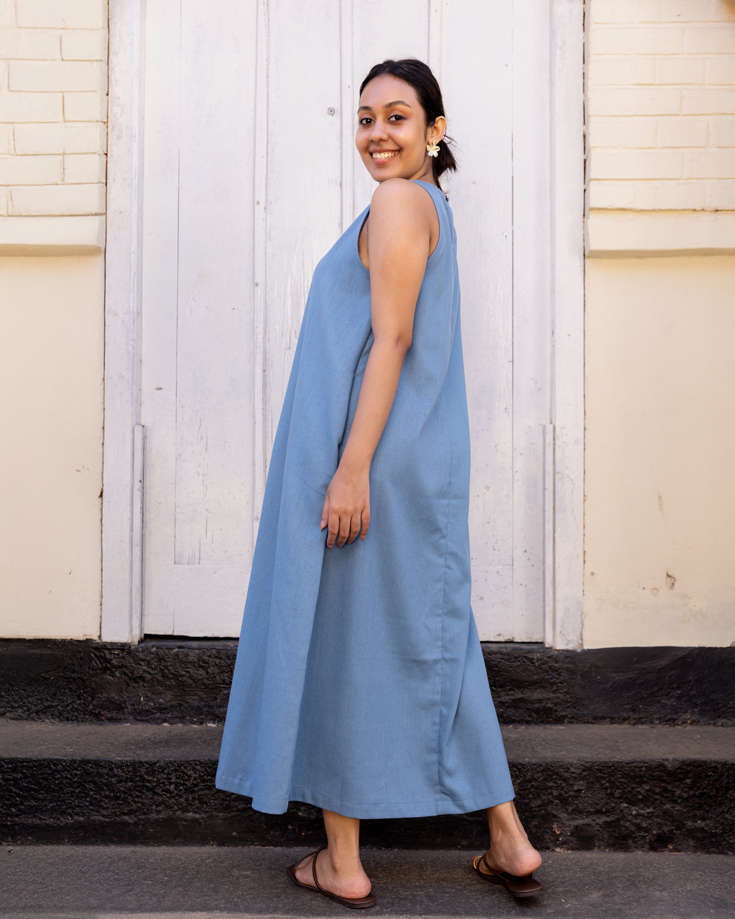 Cozy Breeze Linen Shift Maxi Dress - Blue