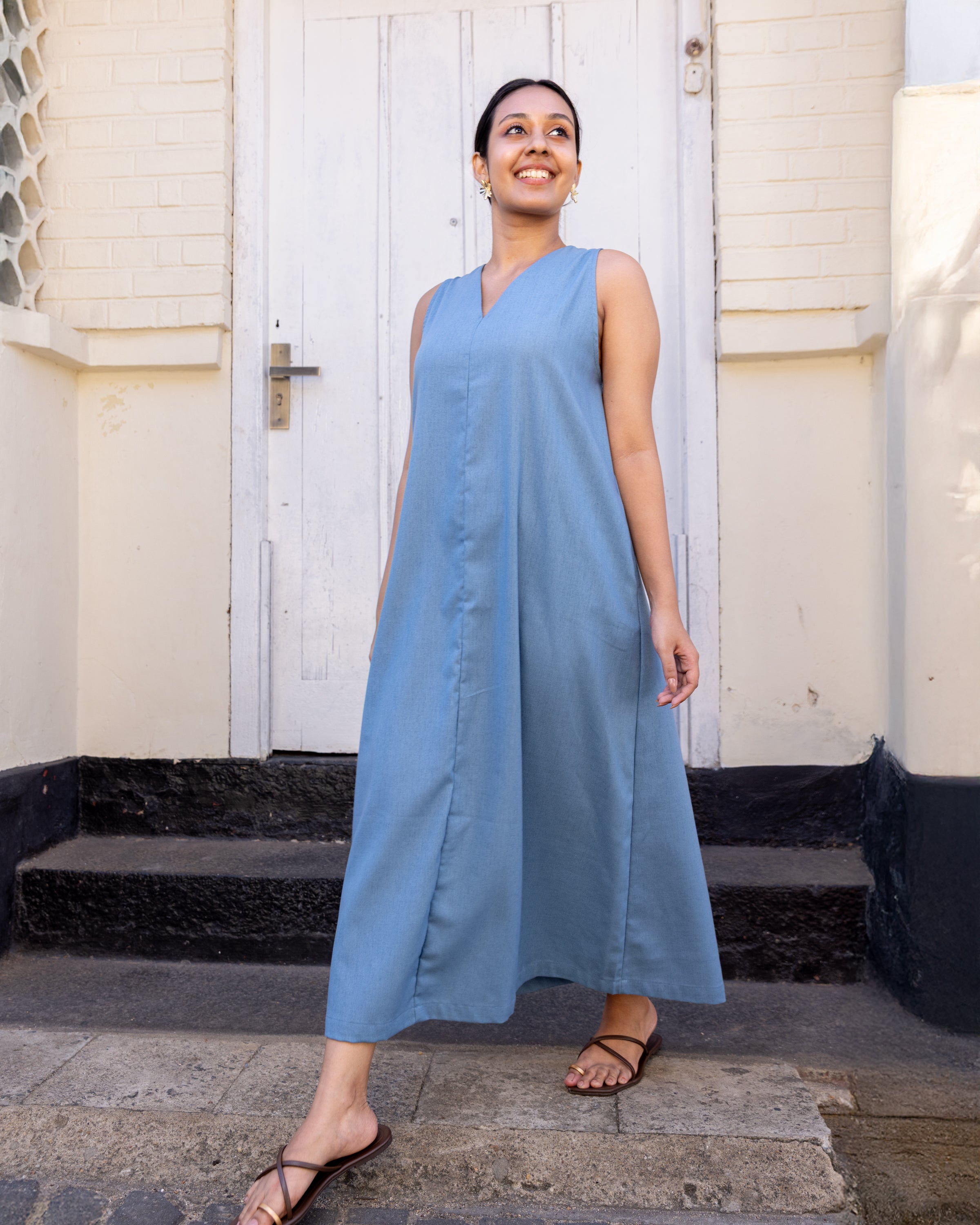 Cozy Breeze Linen Shift Maxi Dress - Blue