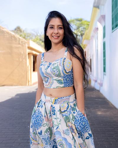 Akashi Cotton Printed Smocked Crop Top - Blue Printed