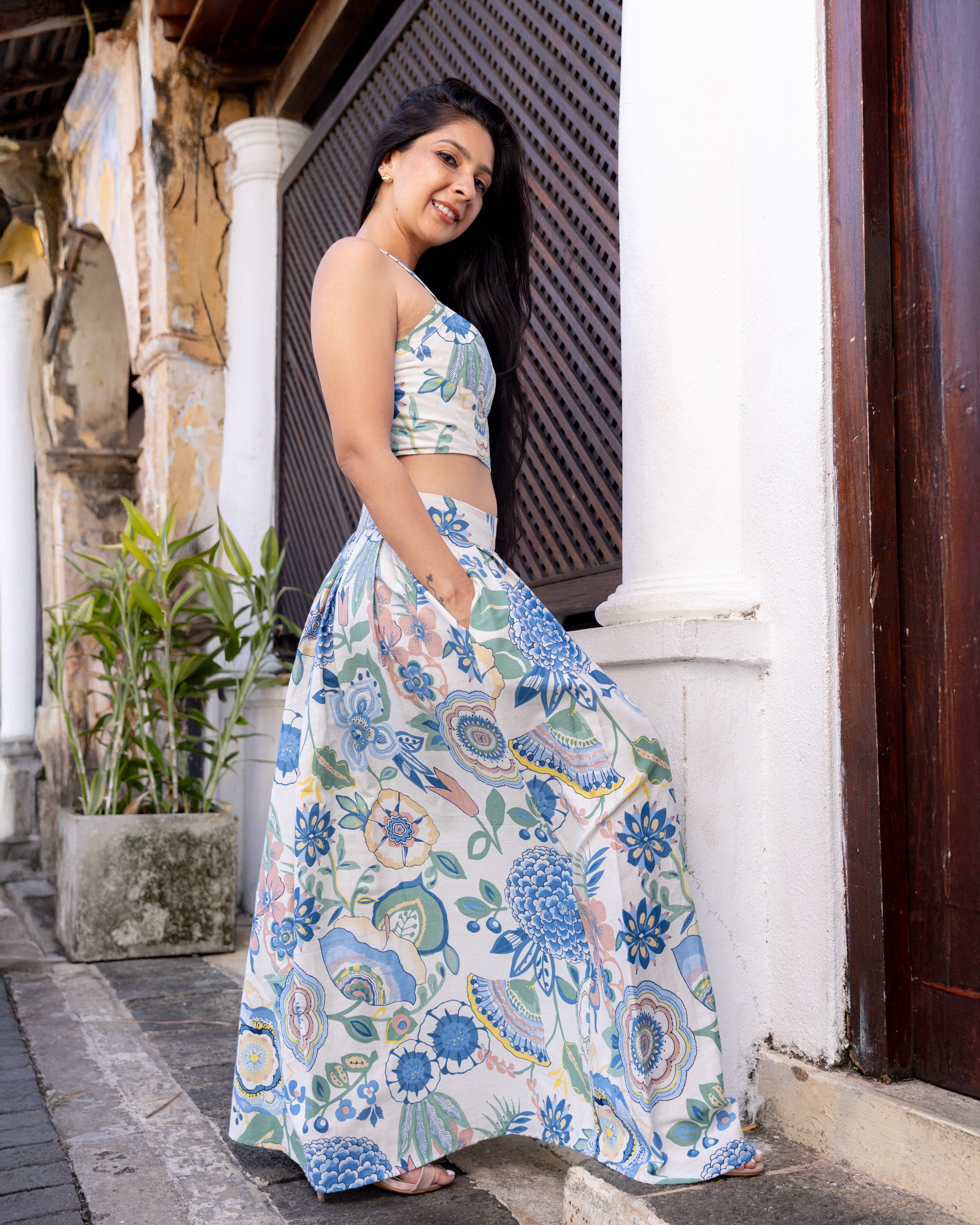 Akashi Cotton Printed Flared Skirt - Blue Printed