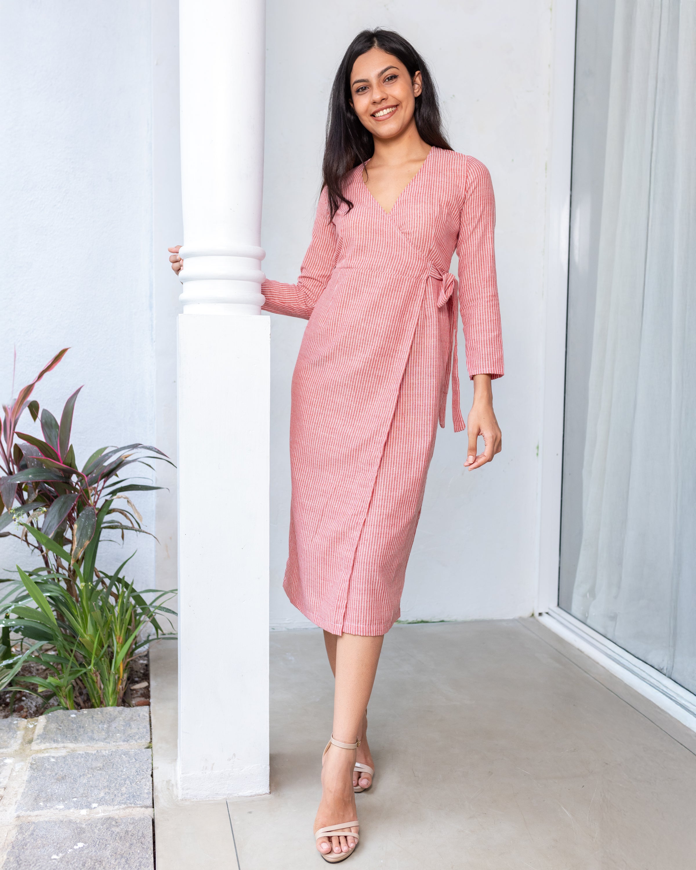 Hillary Linen Wrap Dress - Red Stripe