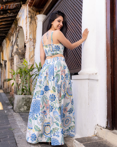Akashi Cotton Printed Flared Skirt - Blue Printed