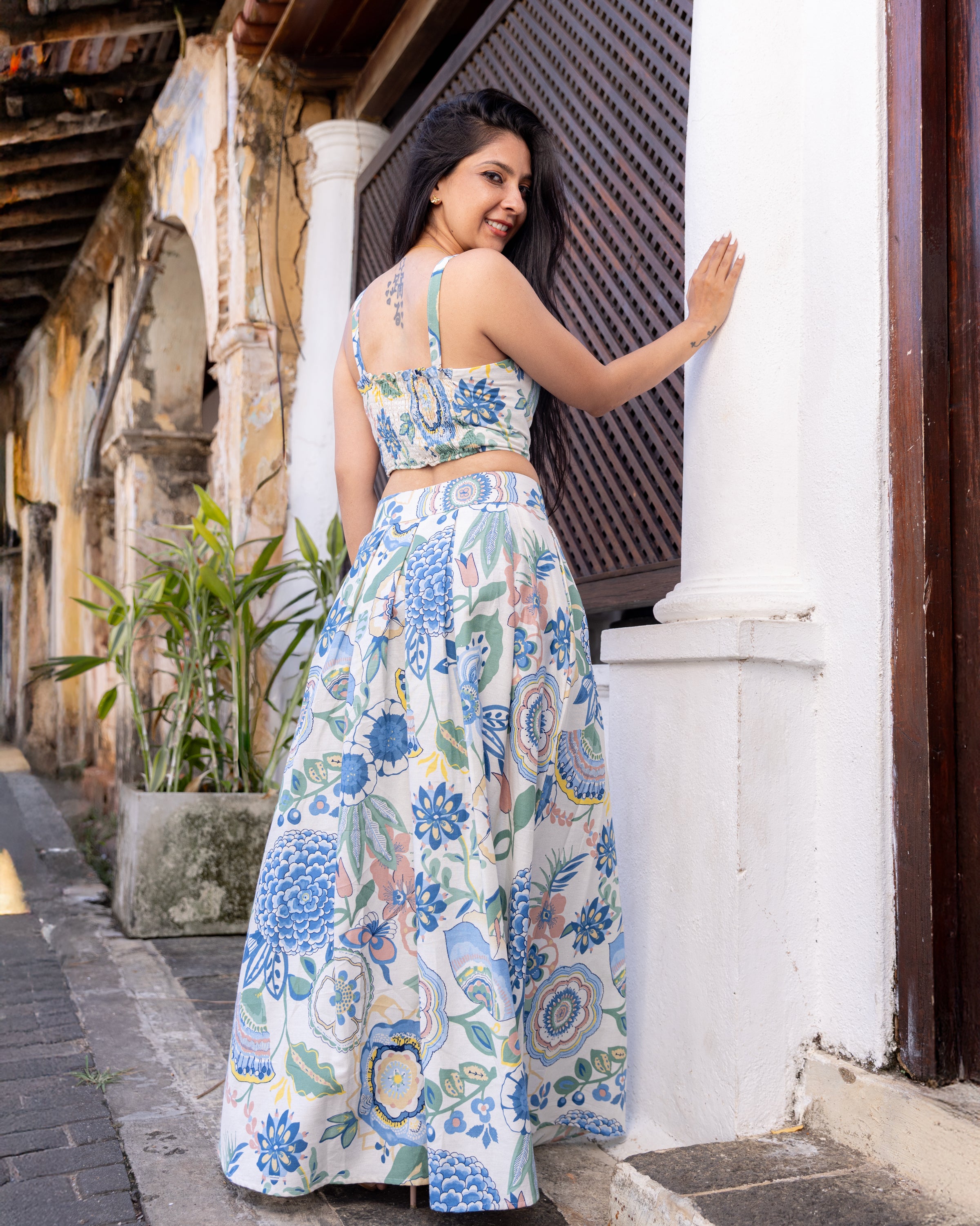 Akashi Cotton Printed Smocked Crop Top - Blue Printed