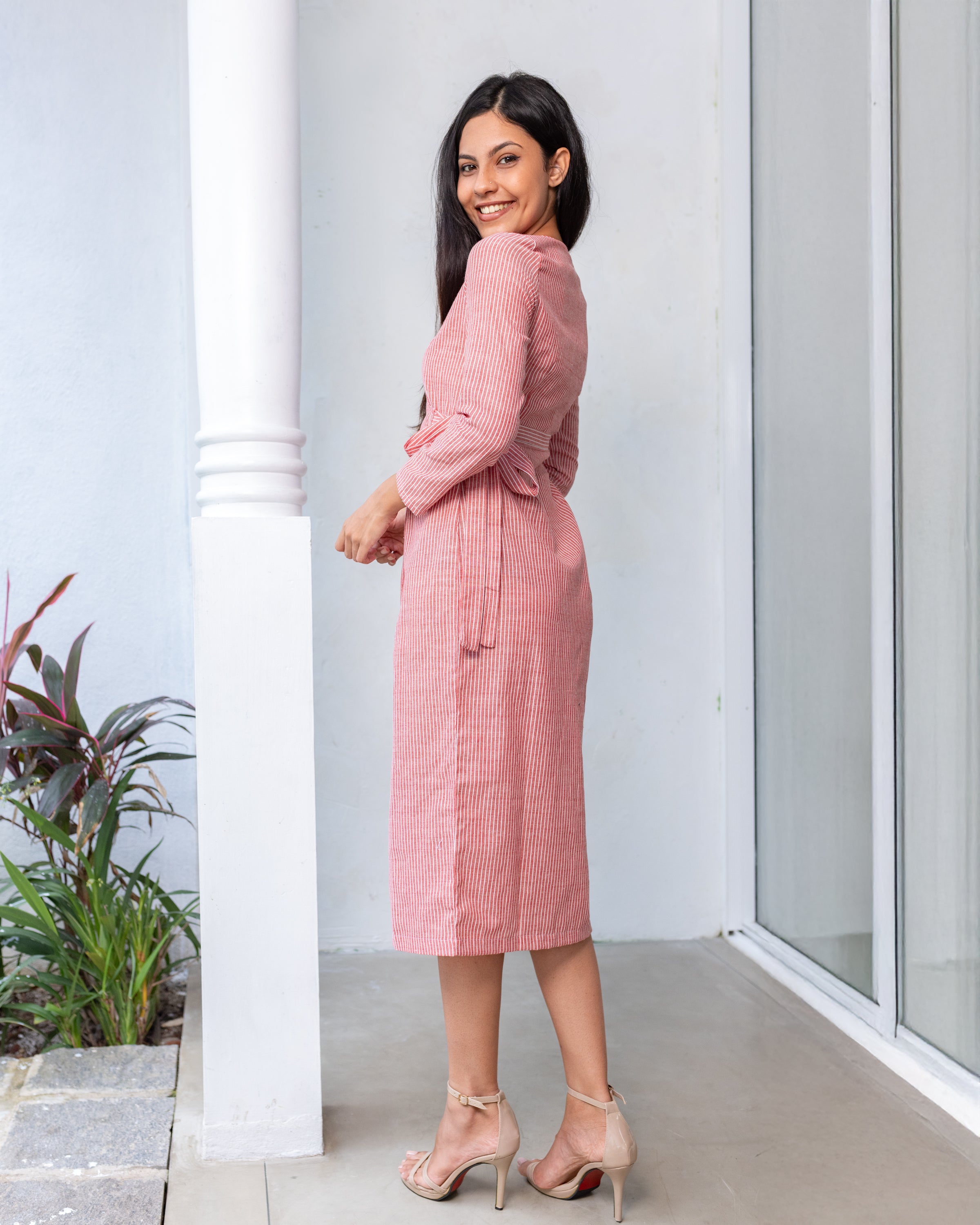 Hillary Linen Wrap Dress - Red Stripe