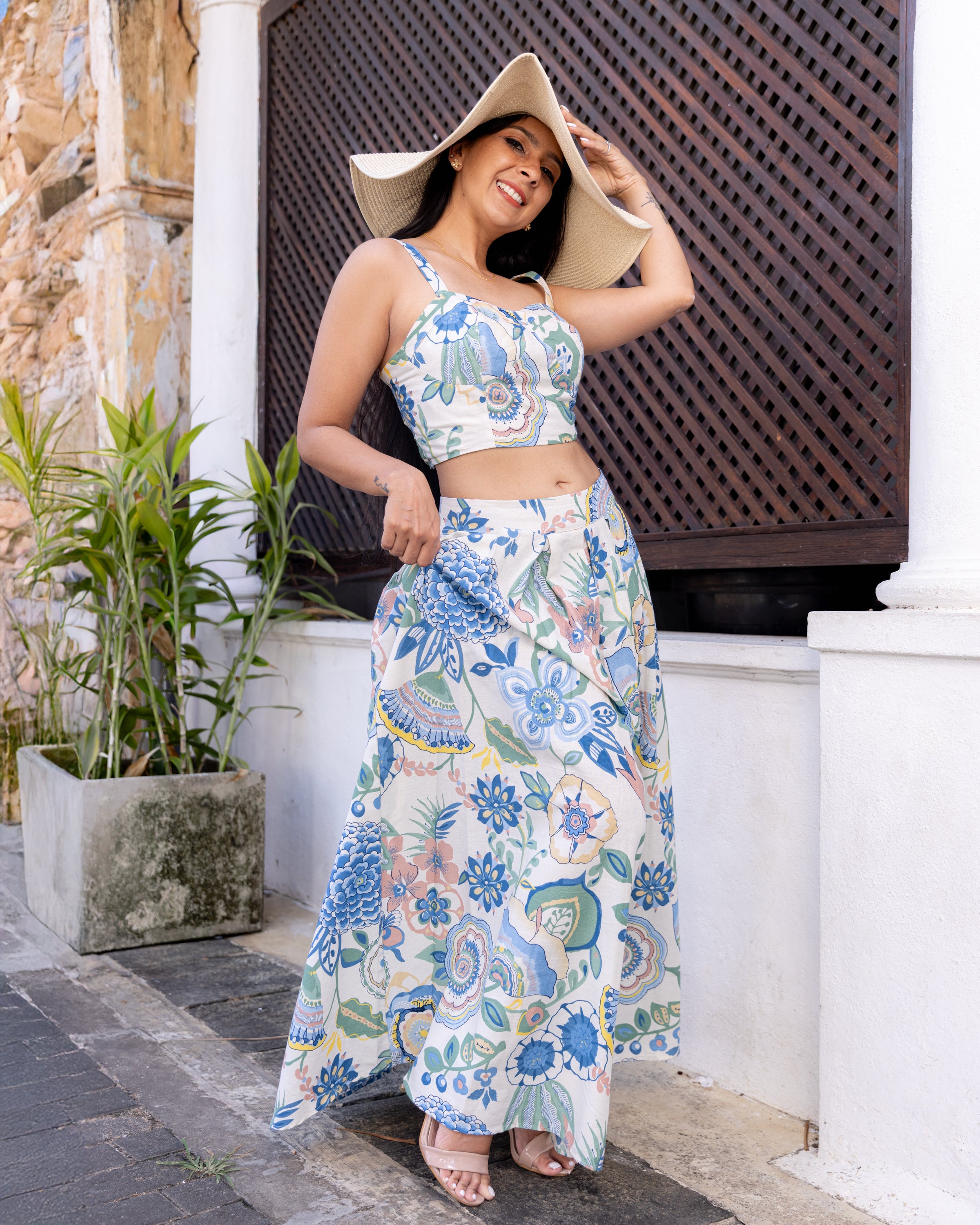 Akashi Cotton Printed Flared Skirt - Blue Printed