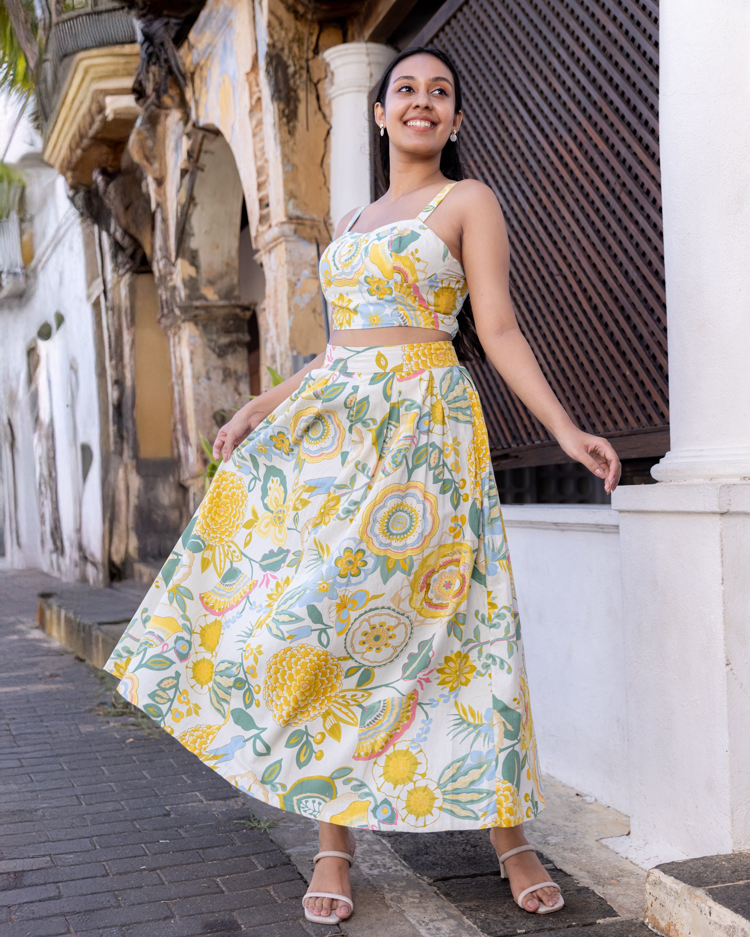 Akashi Cotton Printed Flared Skirt - Yellow Printed