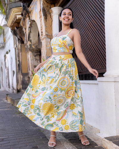 Akashi Cotton Printed Flared Skirt - Yellow Printed