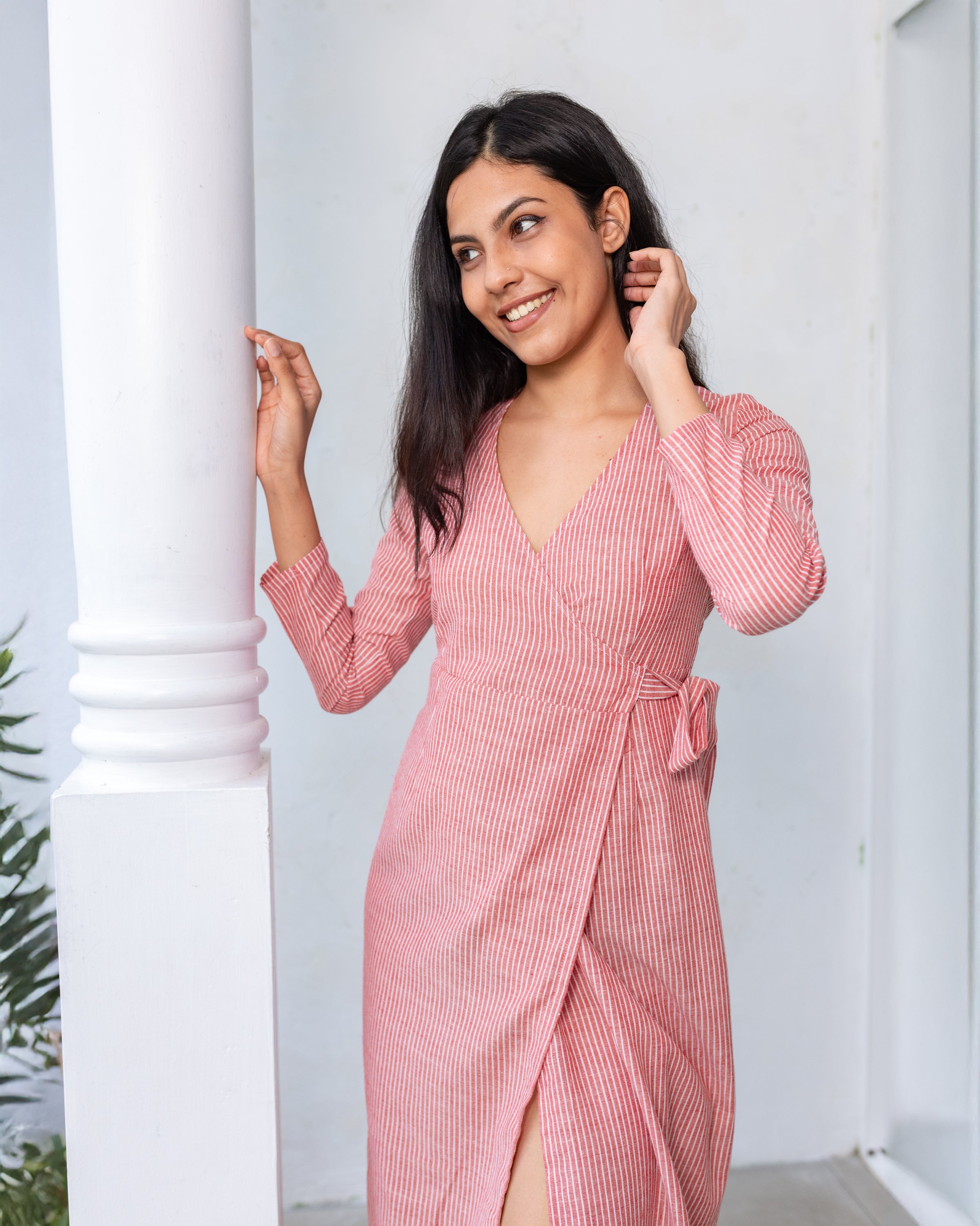 Hillary Linen Wrap Dress - Red Stripe