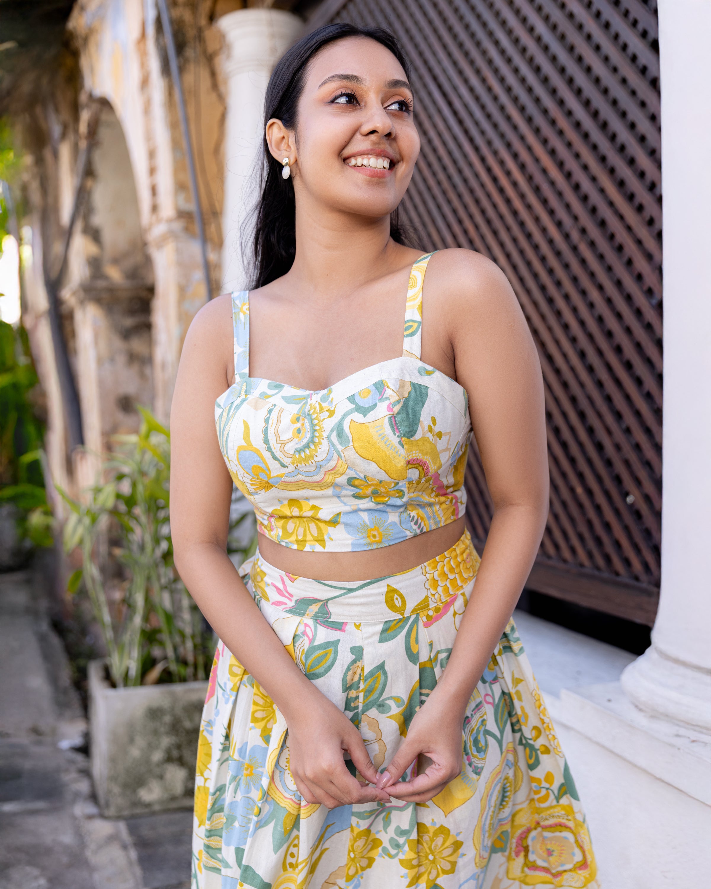 Akashi Cotton Printed Smocked Crop Top - Yellow Printed