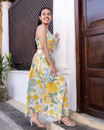 Akashi Cotton Printed Smocked Crop Top - Yellow Printed