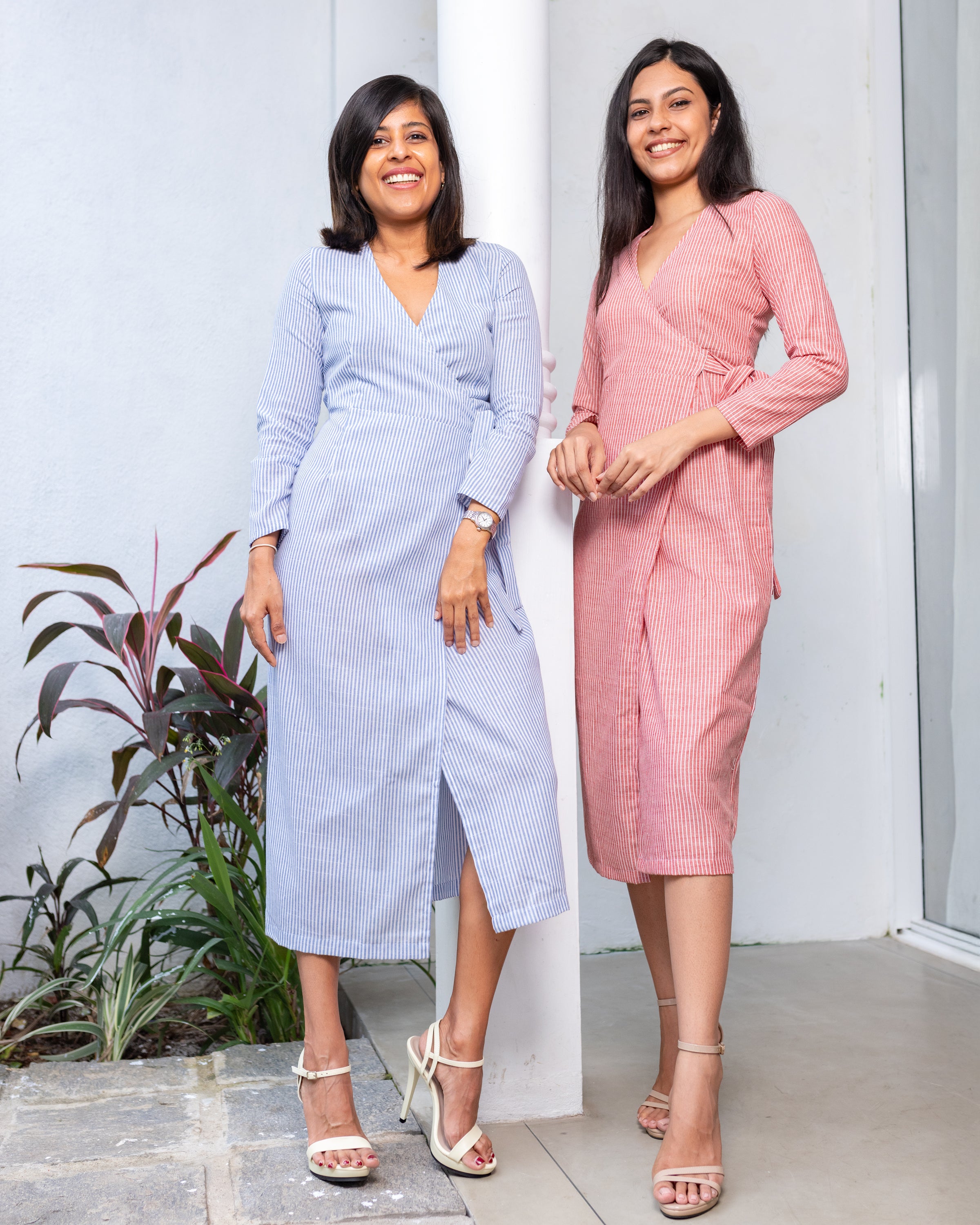 Hillary Linen Wrap Dress - Blue Stripe