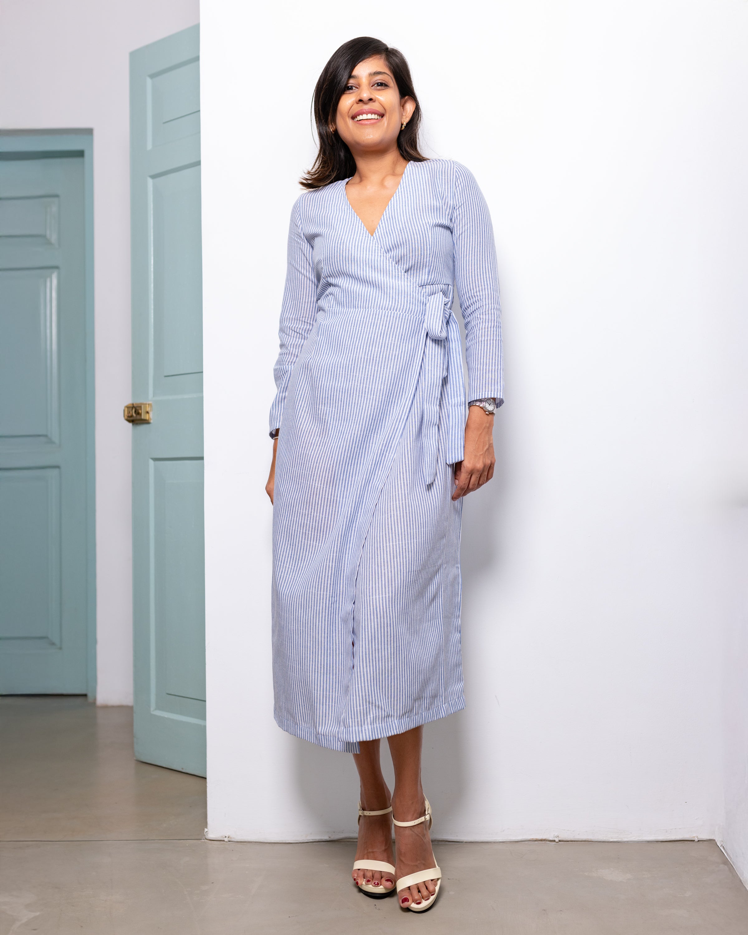 Hillary Linen Wrap Dress - Blue Stripe