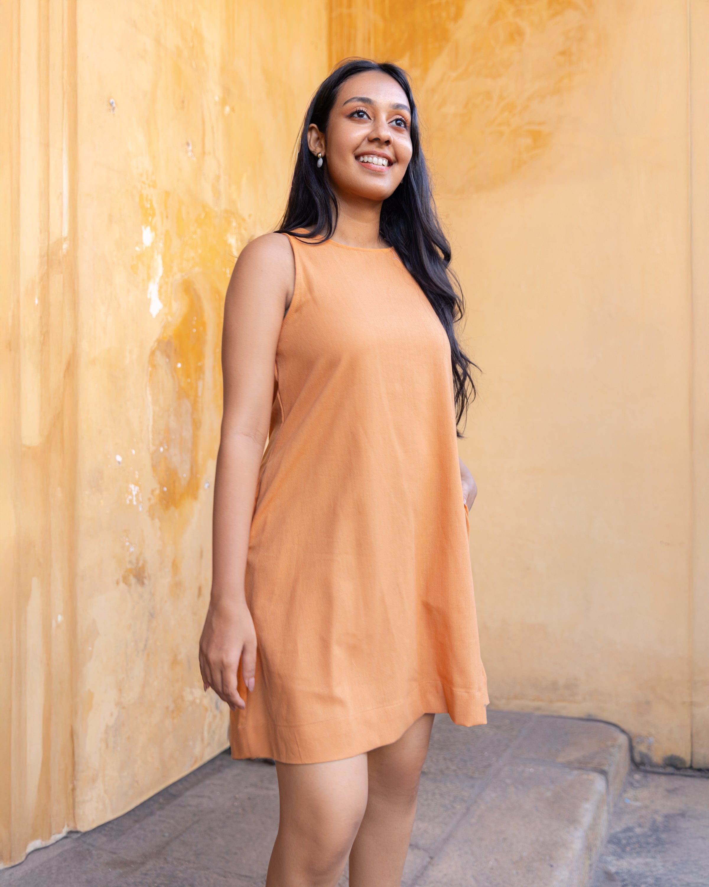 Of Cosy Linen Shift Dress - Pastel Orange