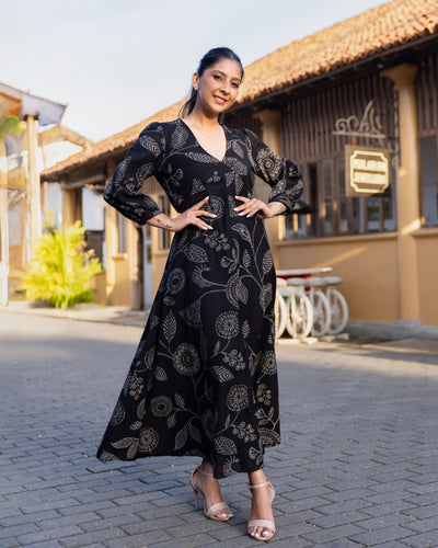 Aaliya Printed Ethnic Kurtha Dress - Black Printed