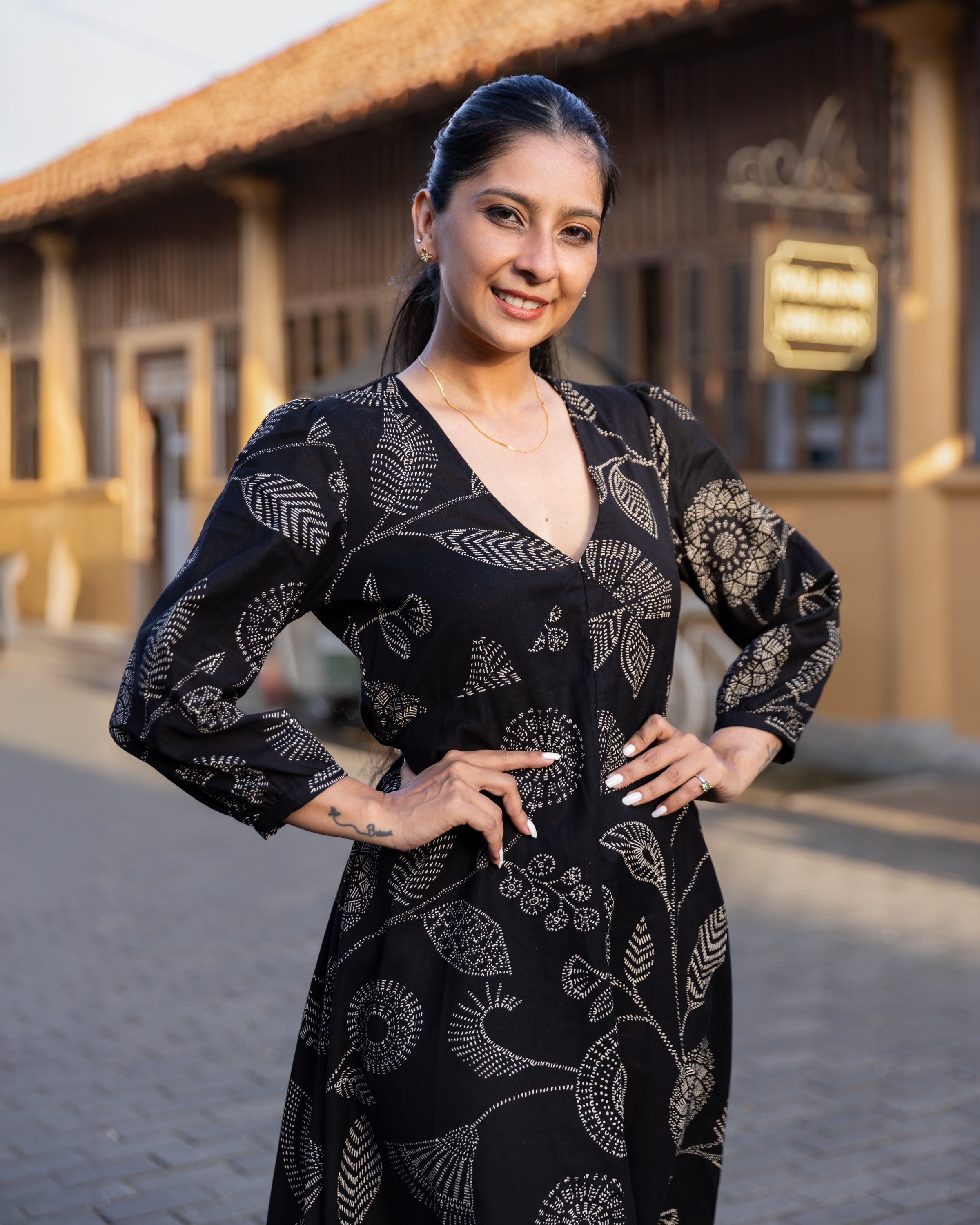 Aaliya Printed Ethnic Kurtha Dress - Black Printed